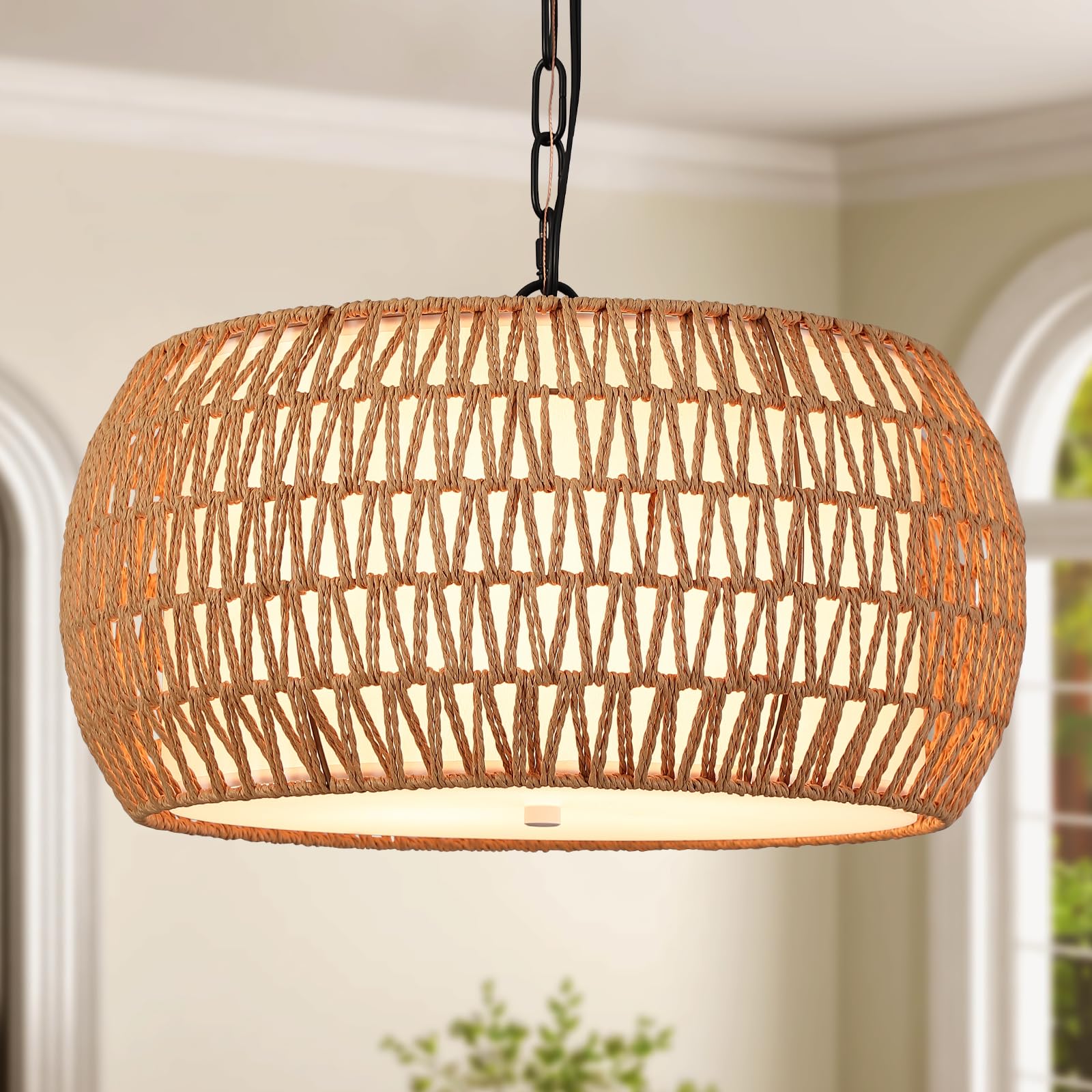 Boho Chandeliers for Dining Room,Rattan Chandeliers with Fabric Shade,Farmhouse Dining Room Light Fixtures,Kitchen Island Lighting 5-Lights Hand Woven Drum Chandelier,18 in,UL Listed