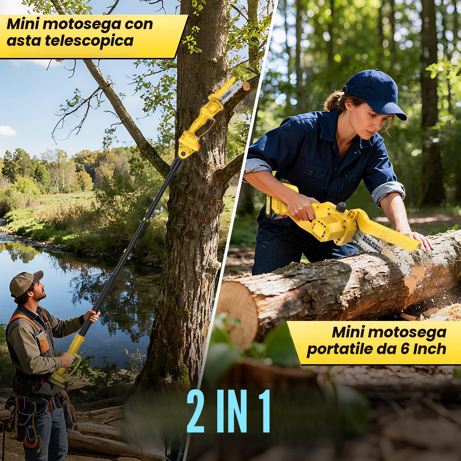 2-in-1 Mini Motosega a Batteria con Asta 2.2m Telescopica, 6 Pollici Motosega Telescopica Senza Spazzole con 2x2000mAh Batterie, Altezza Di Lavoro 5m, per Aziende Agricole, Frutteti, Giardini