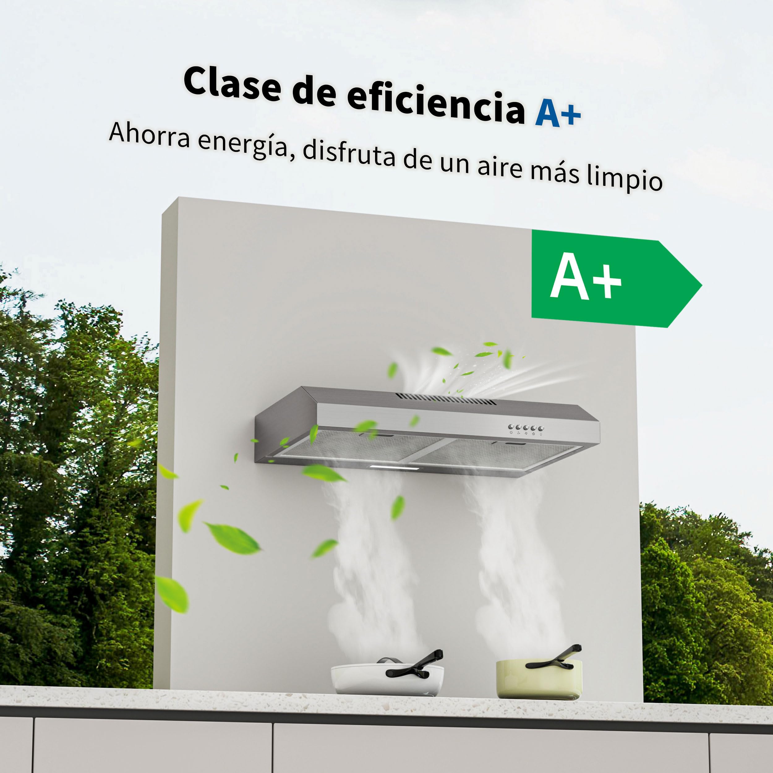 FIREGAS Campana Extractora 60 cm de Acero Inoxidable, 250 m³/h, Clase Energética A+, Motor Sin Escobillas, 3 Velocidades, Instalación Bajo Mueble o Pared