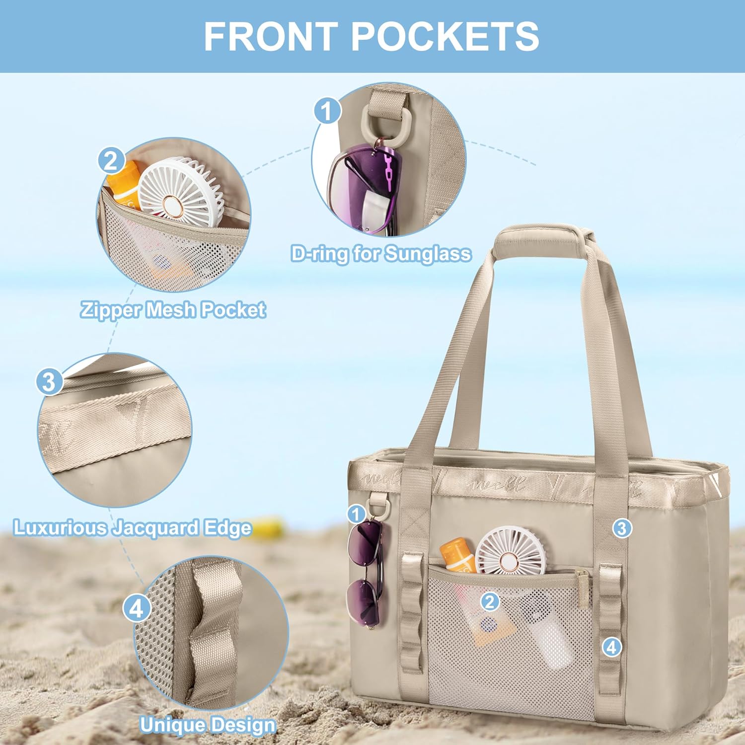 Yarwo Beach Bag for Women, Sandproof Swim Tote Bag with Cooler Compartment and Wet & Dry Pockets for Pool Cruise Vacation - Image 5