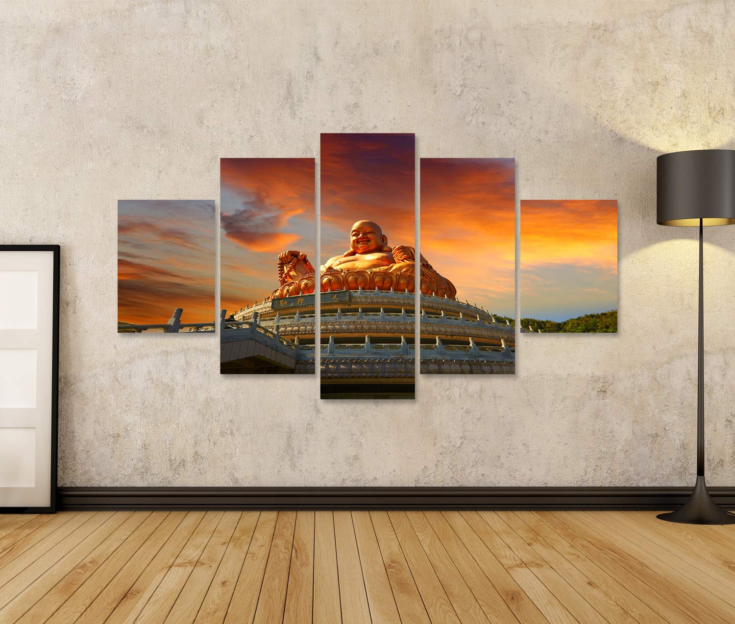 islandburner GBGL-MFP - Quadro su tela con statua di Mile Buddha e religione locale, tramonto magico dorato, su pietra gigante, per soggiorno