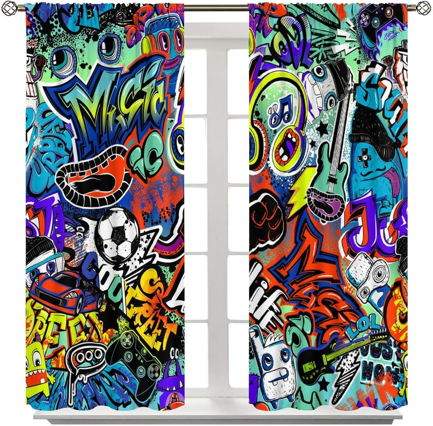 Graffiti Blackout Curtain Hip Hop Style Colorful Abstract City Wall Graffiti Art Print for Boys Bedroom Living Room Bathroom Decor Rod Pocket Window Drapes 2 Panels 52x84in