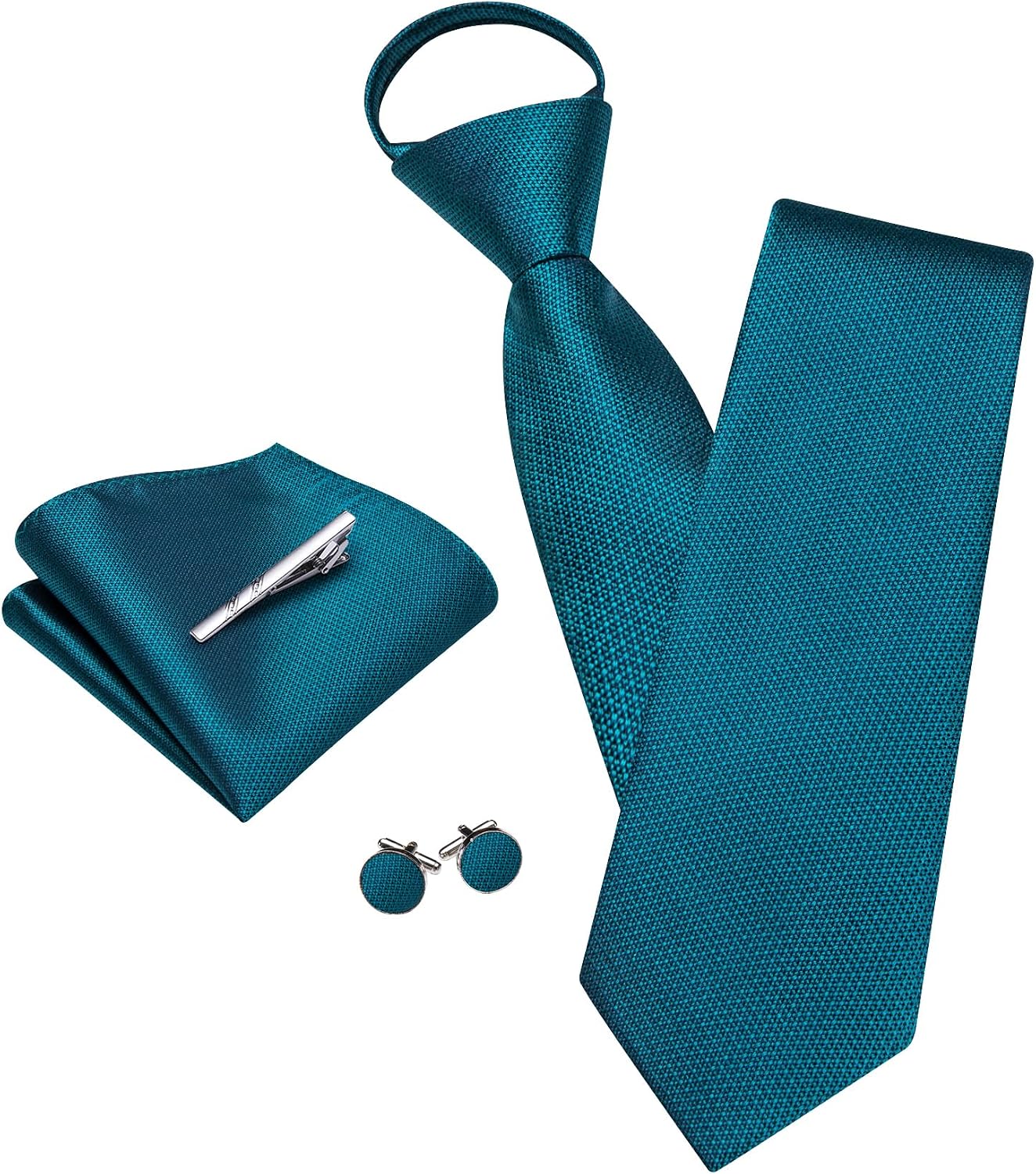 YOHOWA Zipper Ties for Men Solid Pre-Tied Tie with Tie Clip Extra Long Adjustable Necktie Pocket Square Cufflinks Set