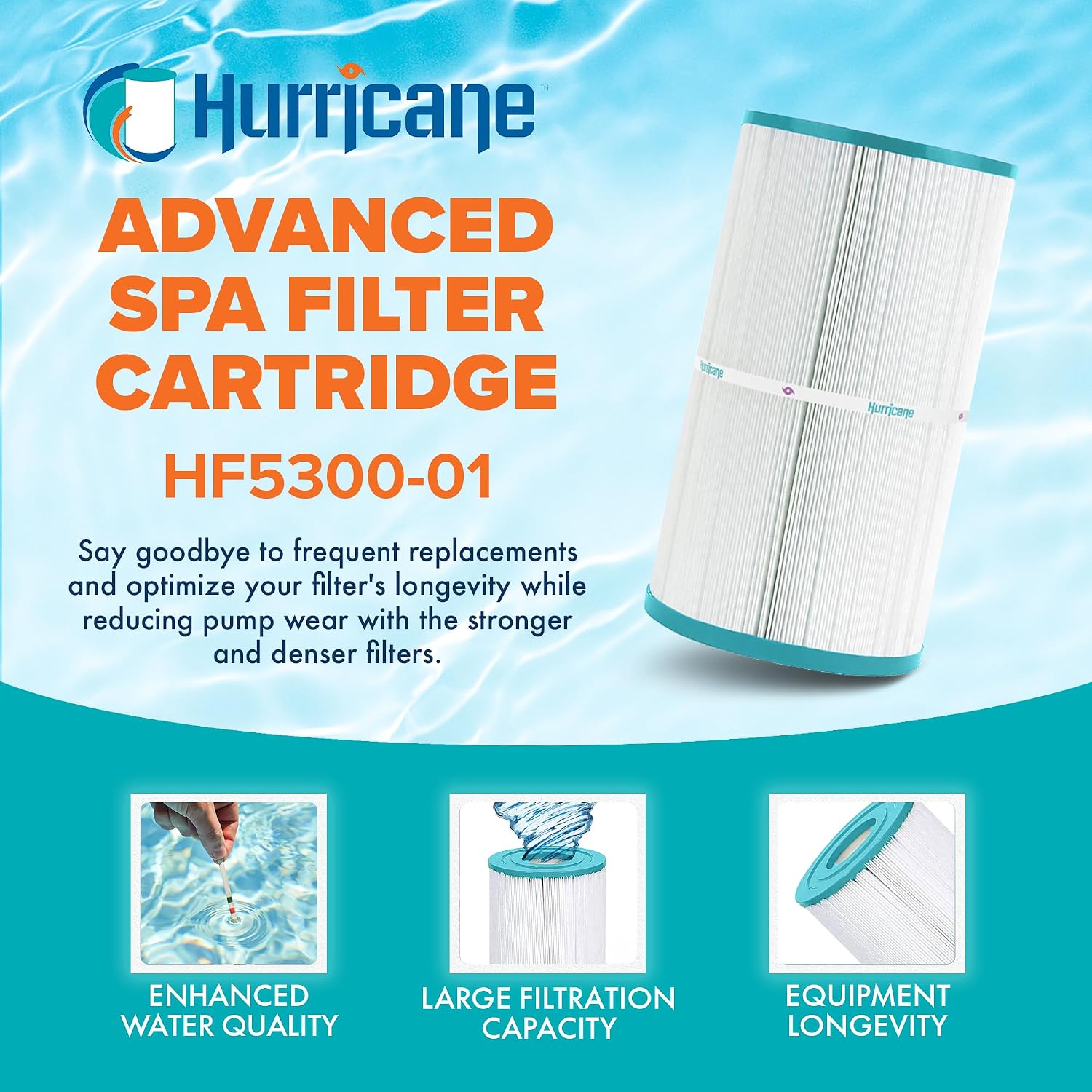 Hurricane Filters HF5300-01 Advanced Spa Filter Cartridge - Replacement for PJW-50, Unicel C-5300, Filbur FC-1320, Hot Tub Front Load, Whirlpool 50