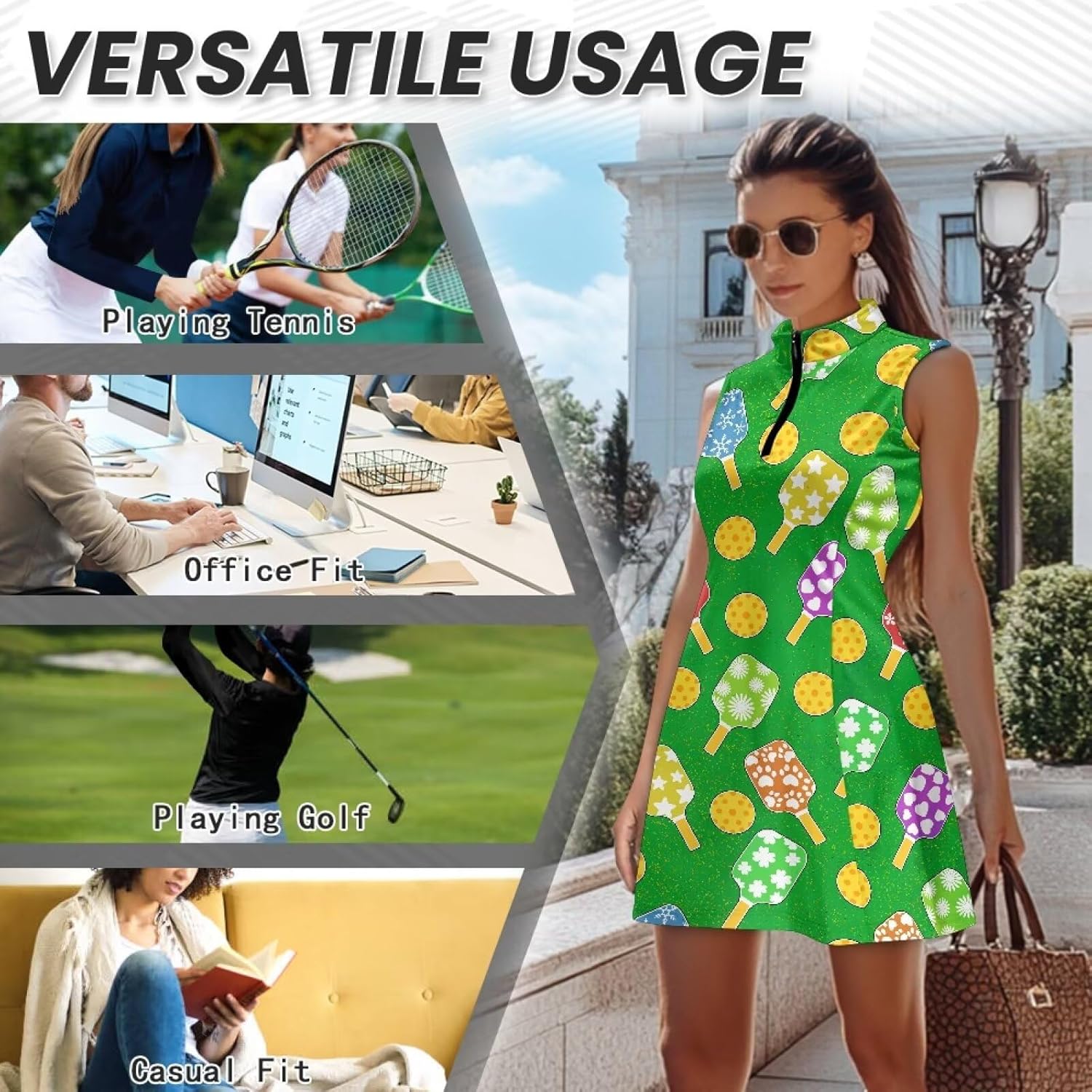 Women's Tennis Golf Dress with Shorts and Pockets Sleeveless Polo Activewear Zipper Workout Athletic Dresses XS-2XL