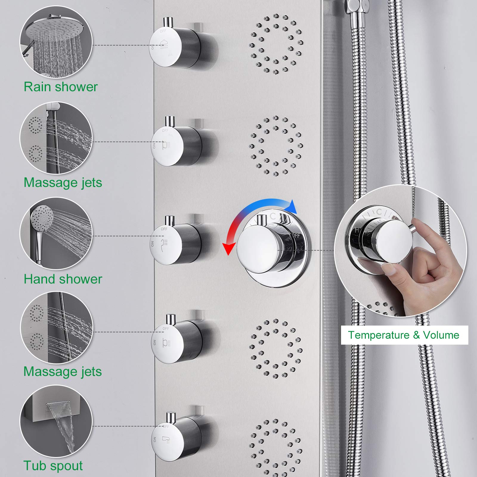 OUGOO Shower Panel Tower System Rainfall Shower + 4 Body Massage Spray + Handheld Shower