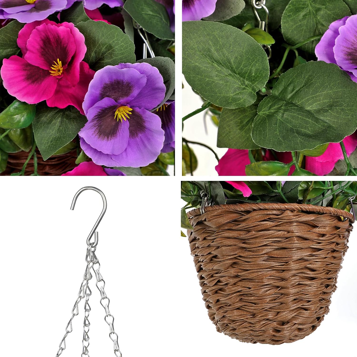 Briful Artificial Hanging Basket Pansy Flowers Outdoor – 25.5” UV-Resistant Hot Pink & Purple Hanging Plant with 15.3” Full Bloom Ball, Trailing Faux Flowers for Porch, Balcony, Patio & Garden Decor