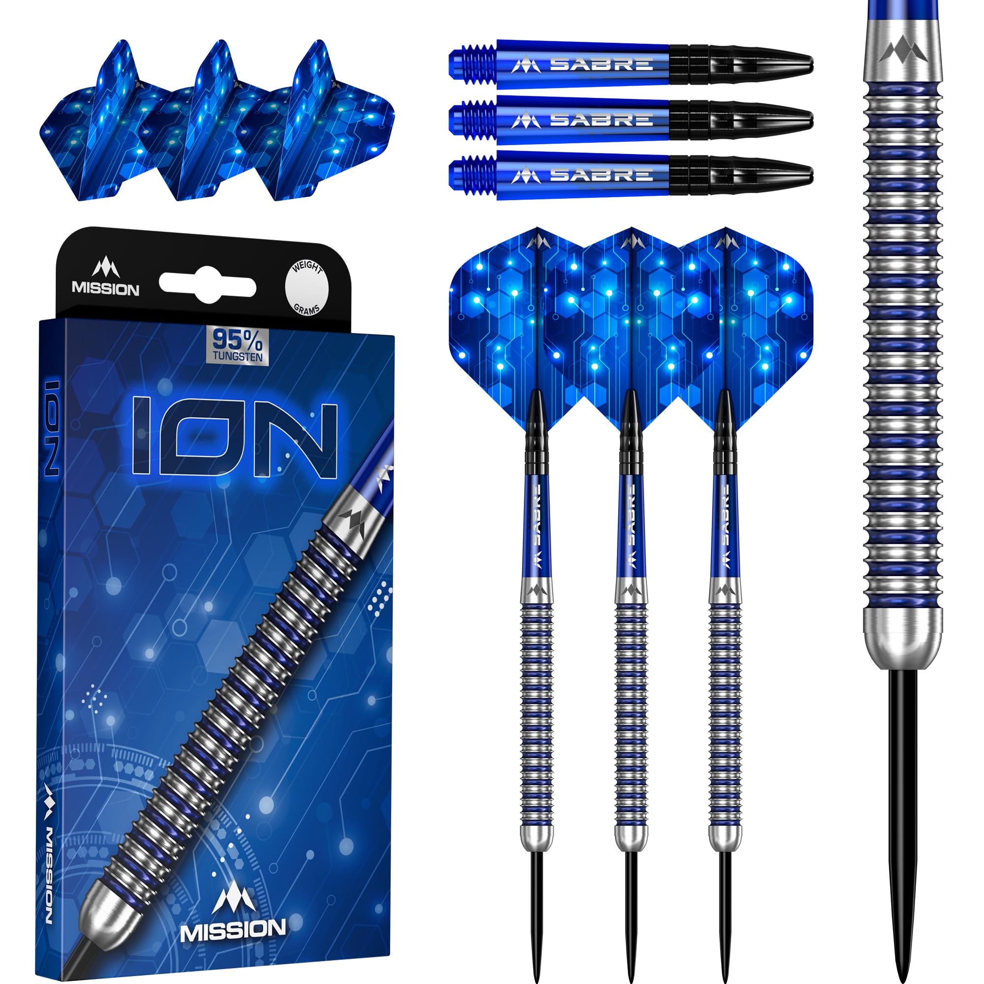 Mission Darts | ION | Steel Tip Darts | 95% Tungsten | Blue & Silver | Multiple Weights (26.0, Grams)