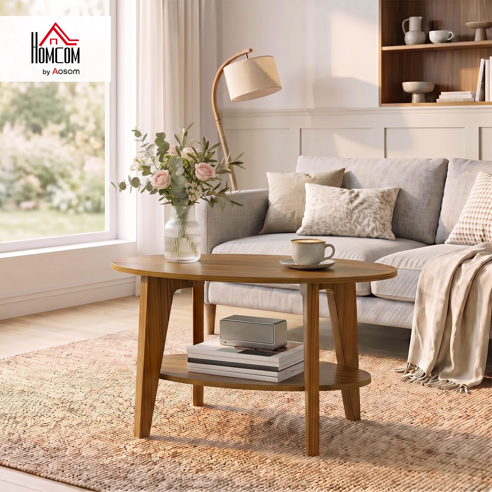 HOMCOM Table Basse Ovale à 2 Niveaux Étagère Ouverte 80x50x45 cm Chêne