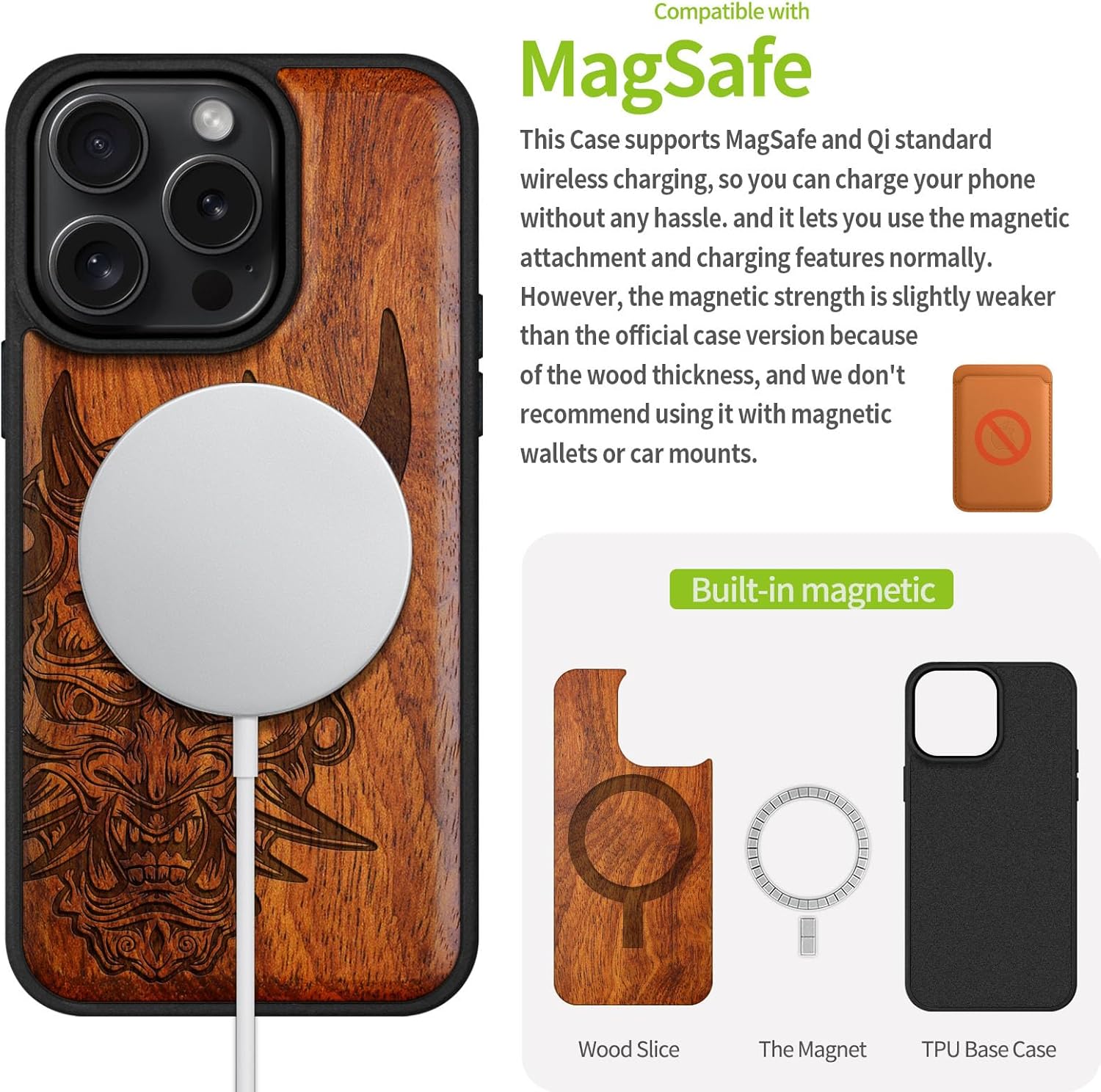 Carveit Magnetic Wooden Case for iPhone 16 Pro Case, Wood Artisan Engraved & Black Soft TPU Shockproof Cover, Compatible with MagSafe Wireless Chargers (Japanese Oni Mask) Rosy