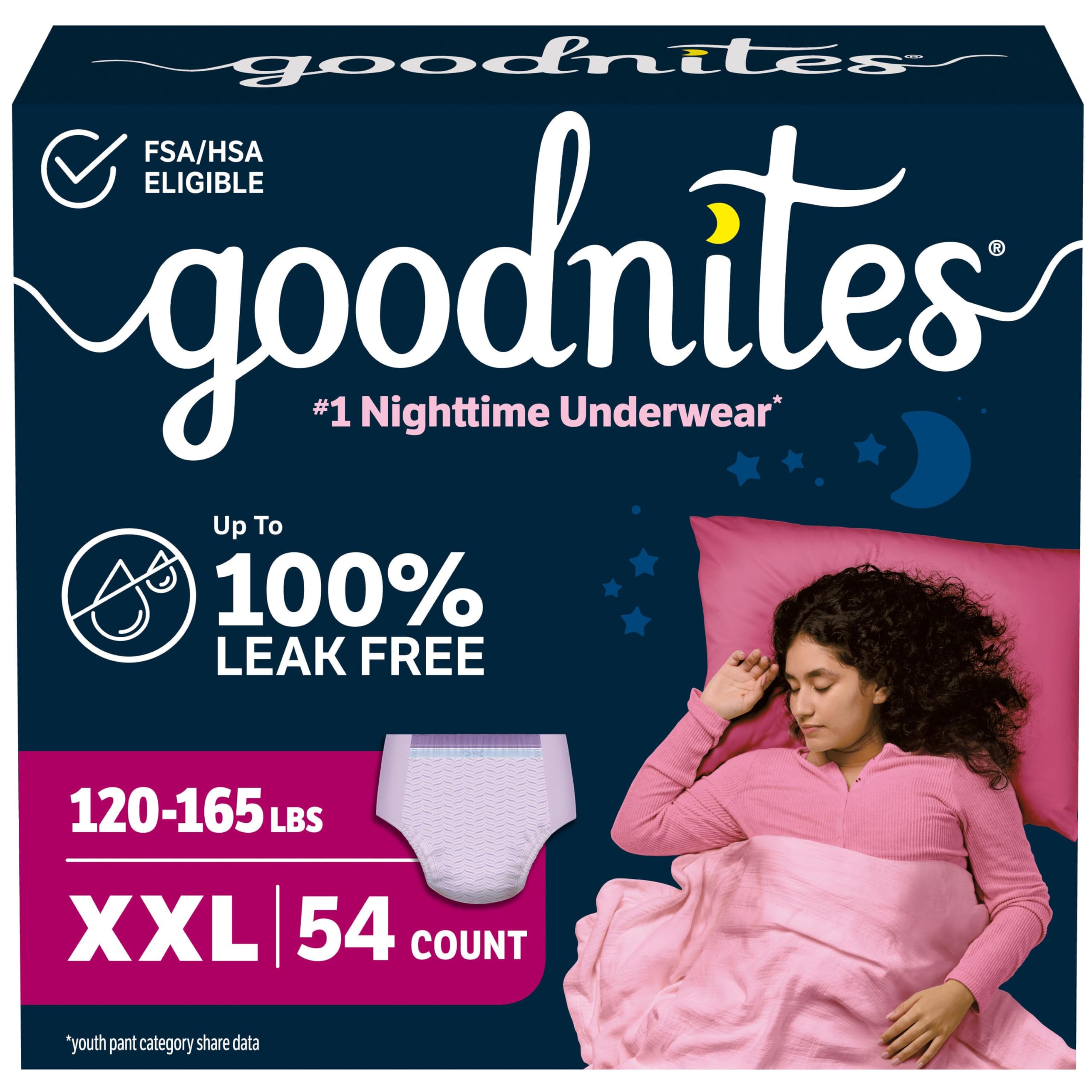 Photo 1 of Goodnites Girls' Nighttime Underwear, Size XXL (120-165 lbs), 54 Ct, Packaging May Vary