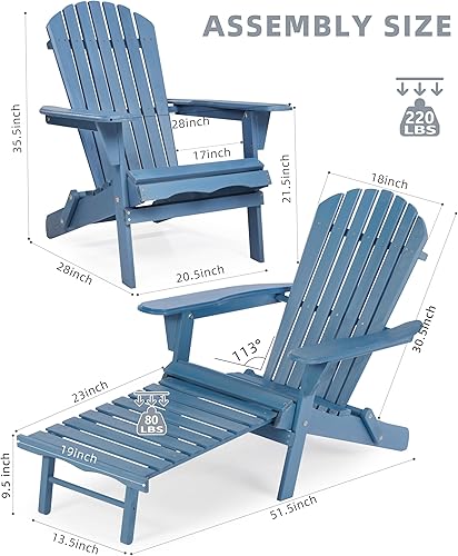 Miniatura 3 de Silla Adirondack plegable de madera con otomana, respaldo y tabla de asiento premontados, silla de descanso para patio al aire libre, jardín,