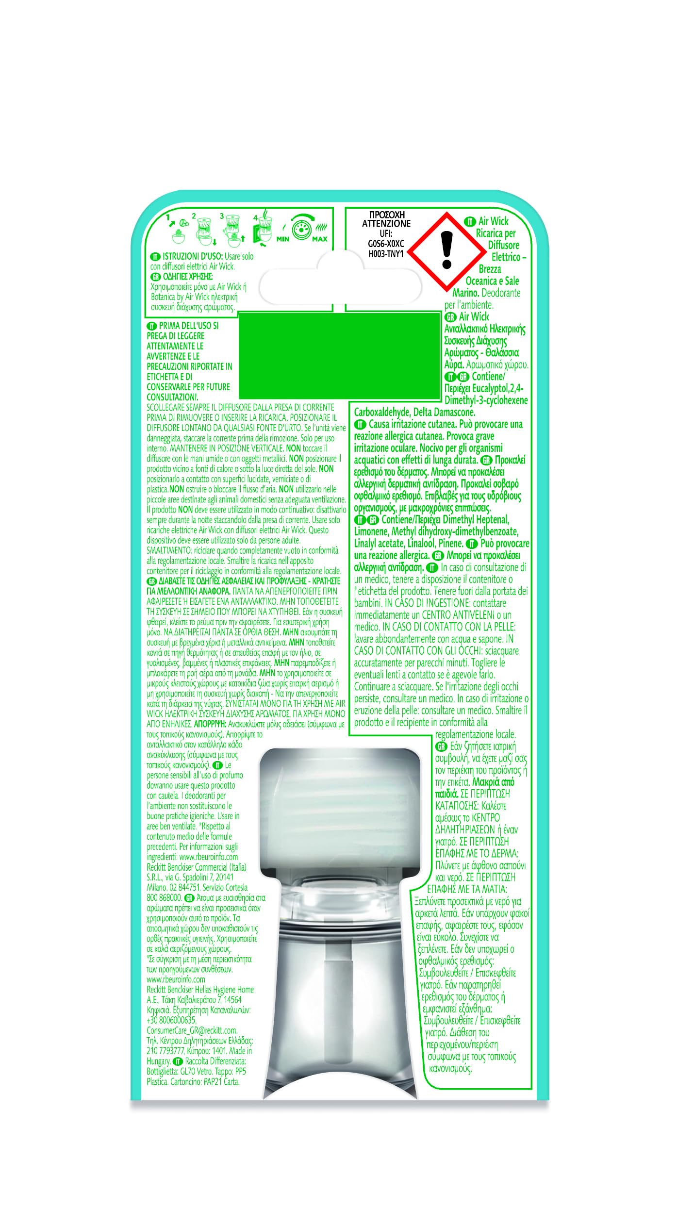 Air Wick Diffusore Elettrico di Oli Essenziali, 6 Ricariche per Diffusore Elettrico alla Brezza Oceanica e Sale Marino, Profumatore per Ambienti Elettrico con Oli Essenziali