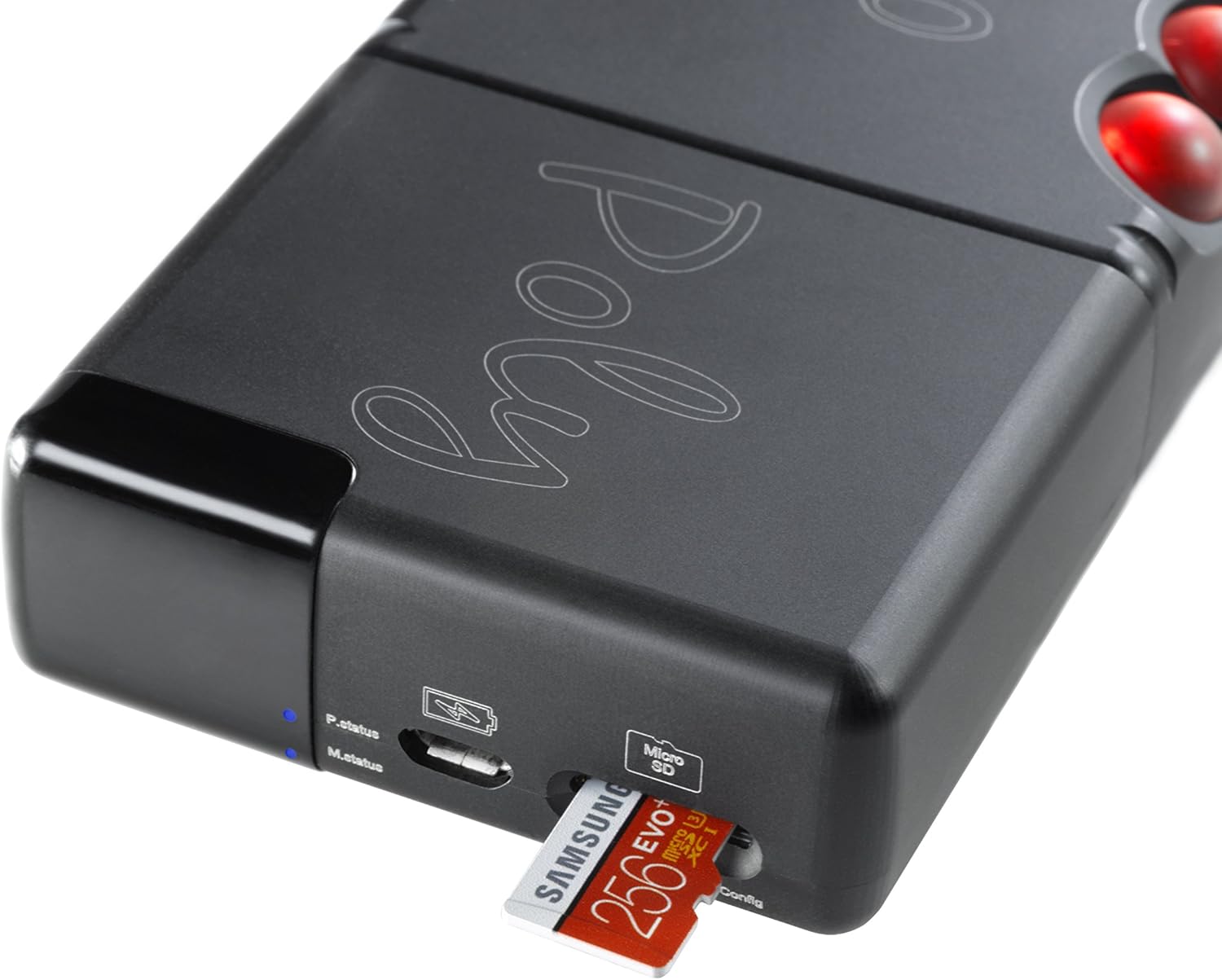 Upande view of Chord Poly showing P.status, M.status, USB charging port, and Micro SD slot