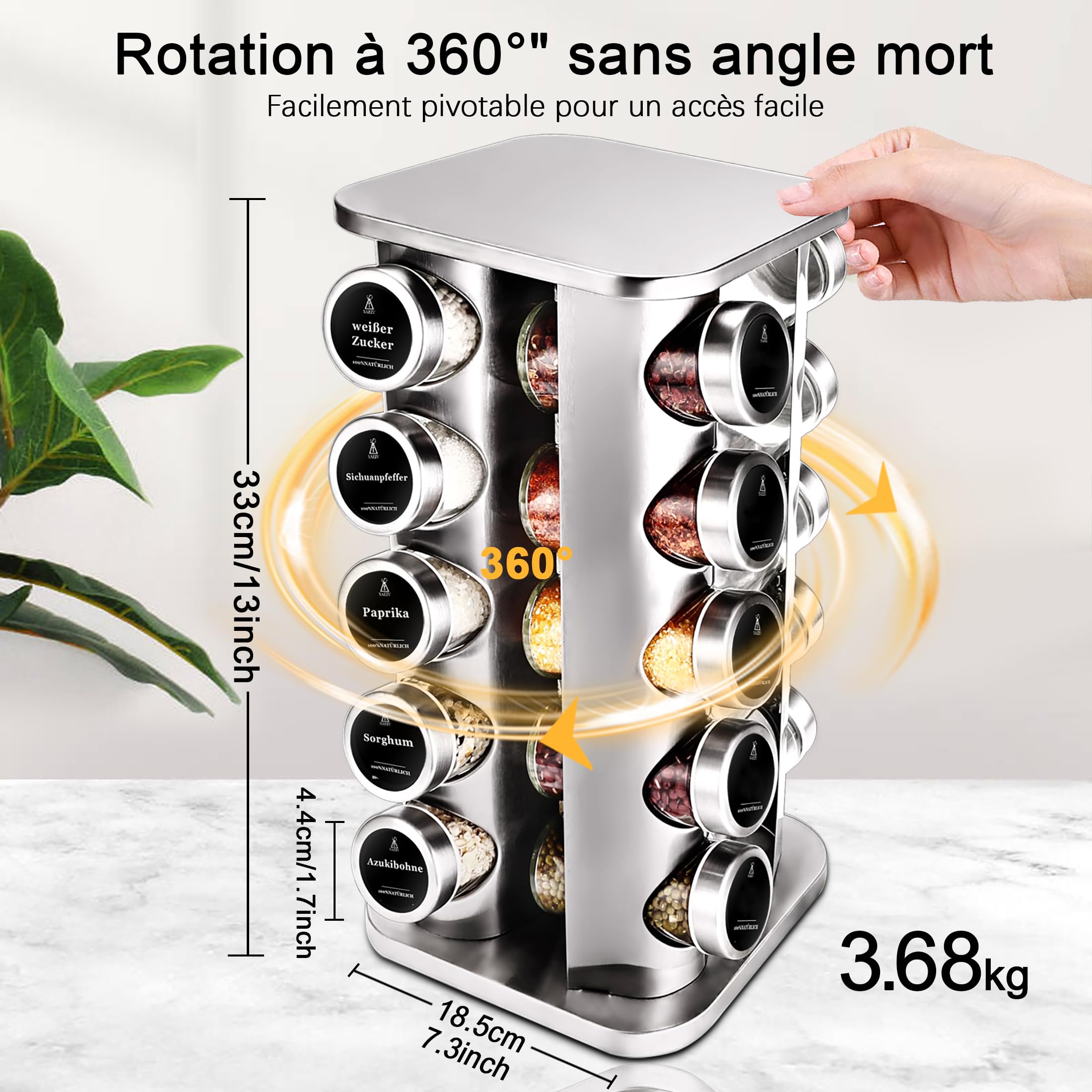 SAEIV Organiseur d'épices avec 20 bocaux en acier inoxydable, porte-épices pour tiroirs de cuisine, étagère à épices permettant de gagner de la place sur le plan de travail et dans les placards