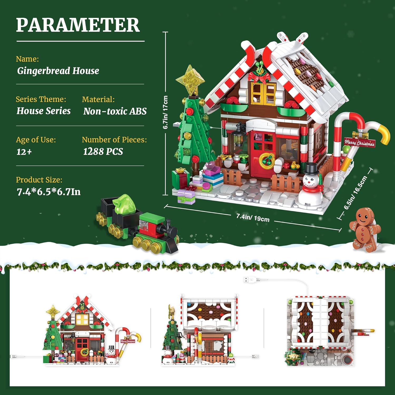 Christmas Gingerbread House Building Block for Girls Age 12+ with LED Lights, Christmas Village House Blocks Set with Christmas Tree and Train, Perfect Xmas Holiday for Adults, 1288Pcs