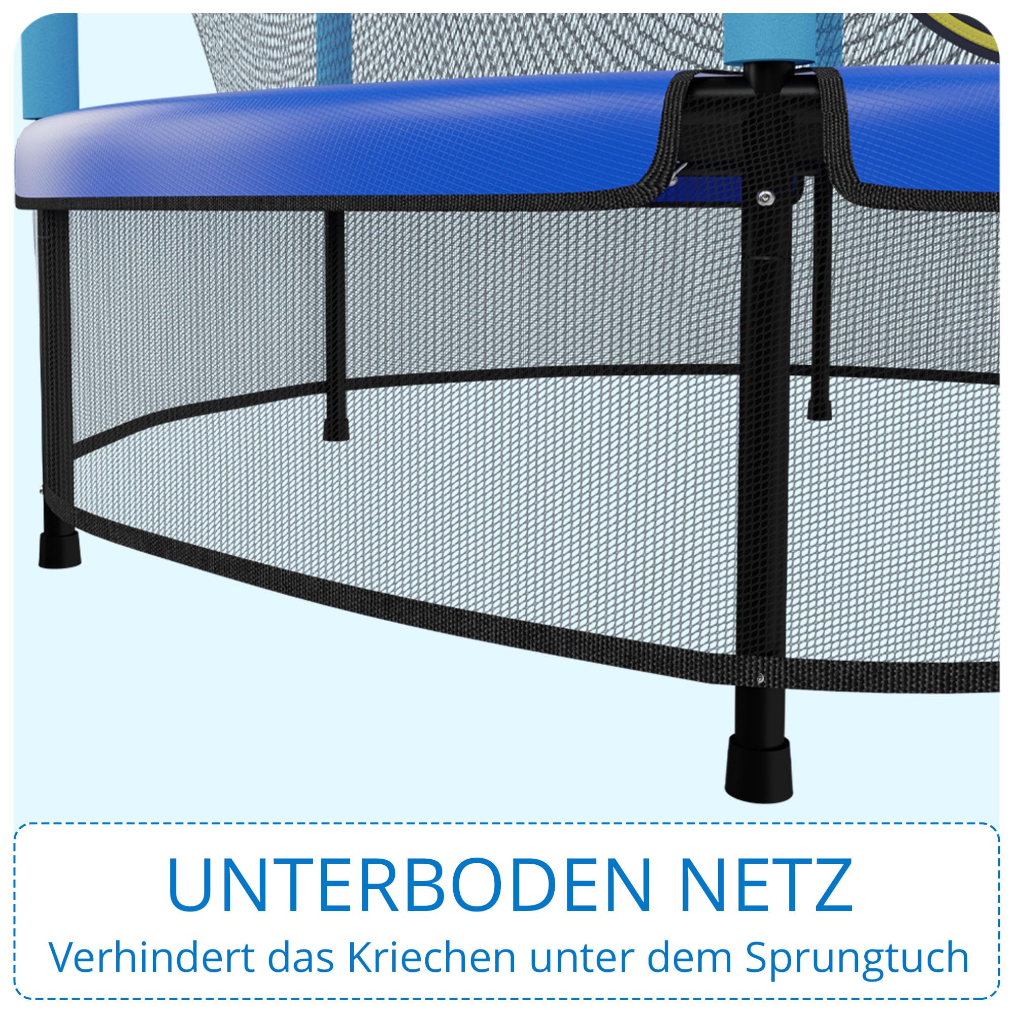 KINETIC SPORTS Kinder Trampolin Jumper 140 cm - Inklusive Gummiseil Federung, Sicherheitsnetz mit Reißverschluss, Rahmenpolster, Schutz Bodennetz - Indoor Kindertrampolin Spielzeug