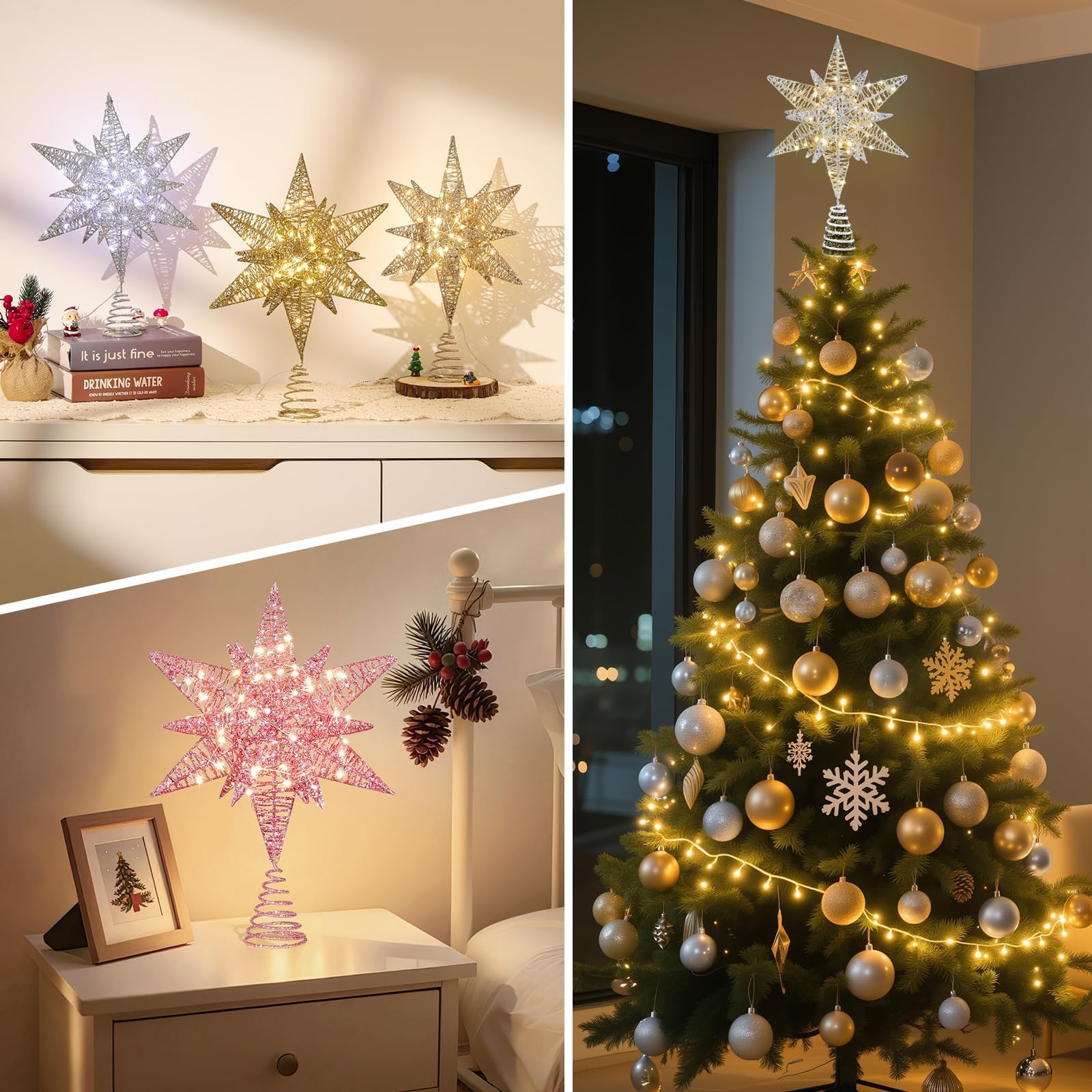 Lewondr Estrella para Copa del Árbol, 28CM Adorno para Árbol de Navidad con 8 Modos de Luces por USB con Mando a Distancia & Temporizador, Decoración Navideña del Hogar, Luz Cálida, Plata Blanco