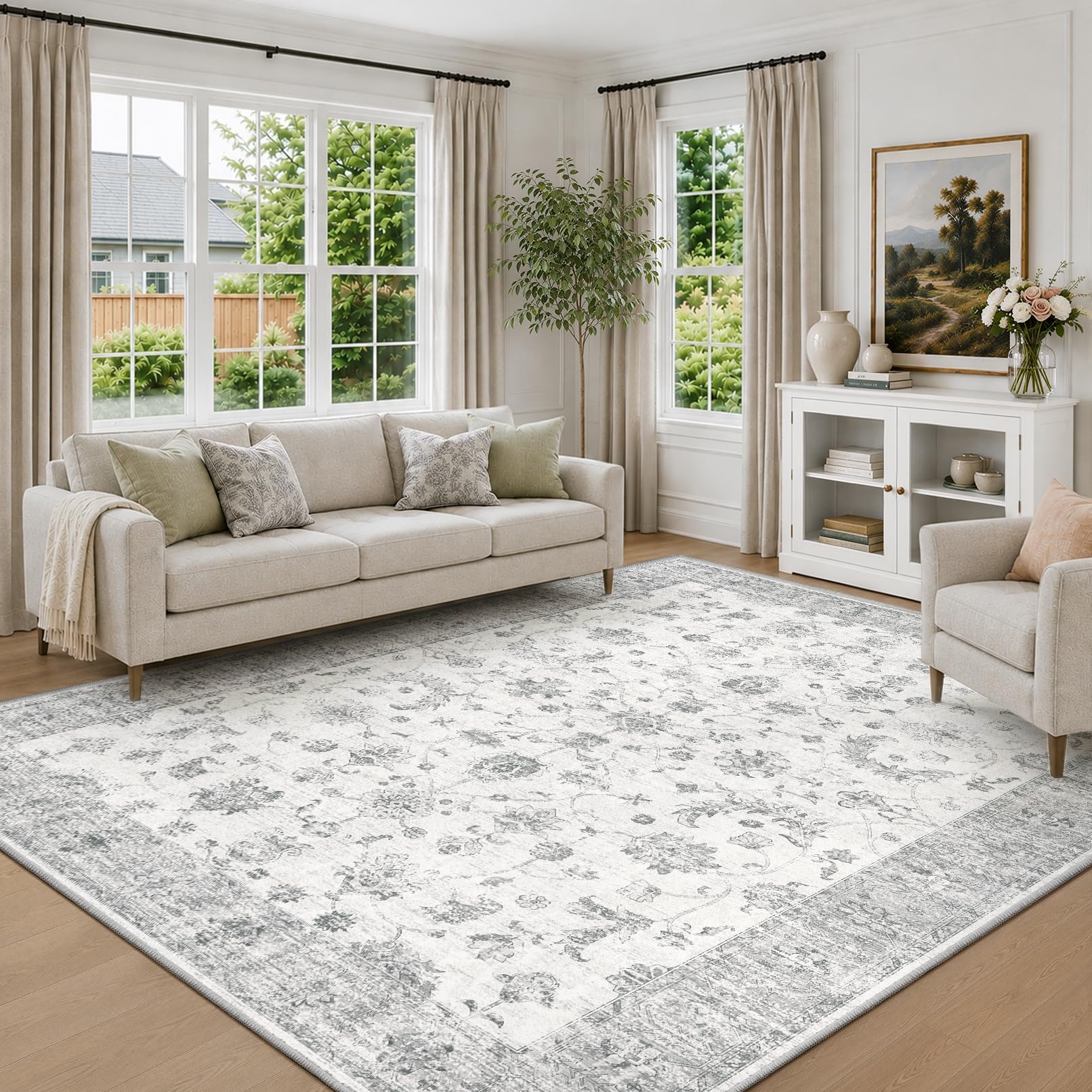 INOVADAY Washable Rug Vintage Boho 160x230 cm Grey/White Living Room Rug