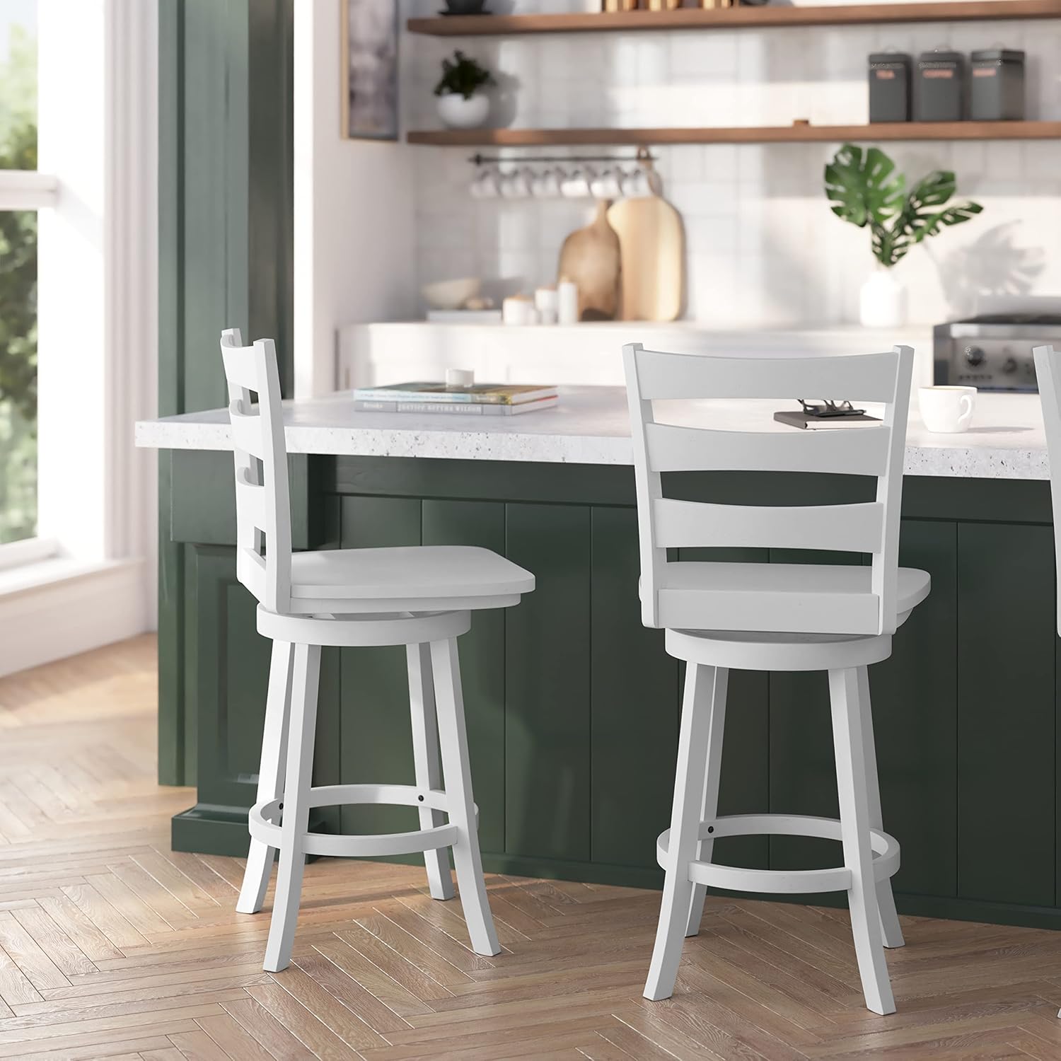 Merrick Lane Therus Commercial Grade Ladderback Swivel Counter Stool - Antique White Wash Finish - 24" H Solid Wood Seat - 360° Swivel - Footrest