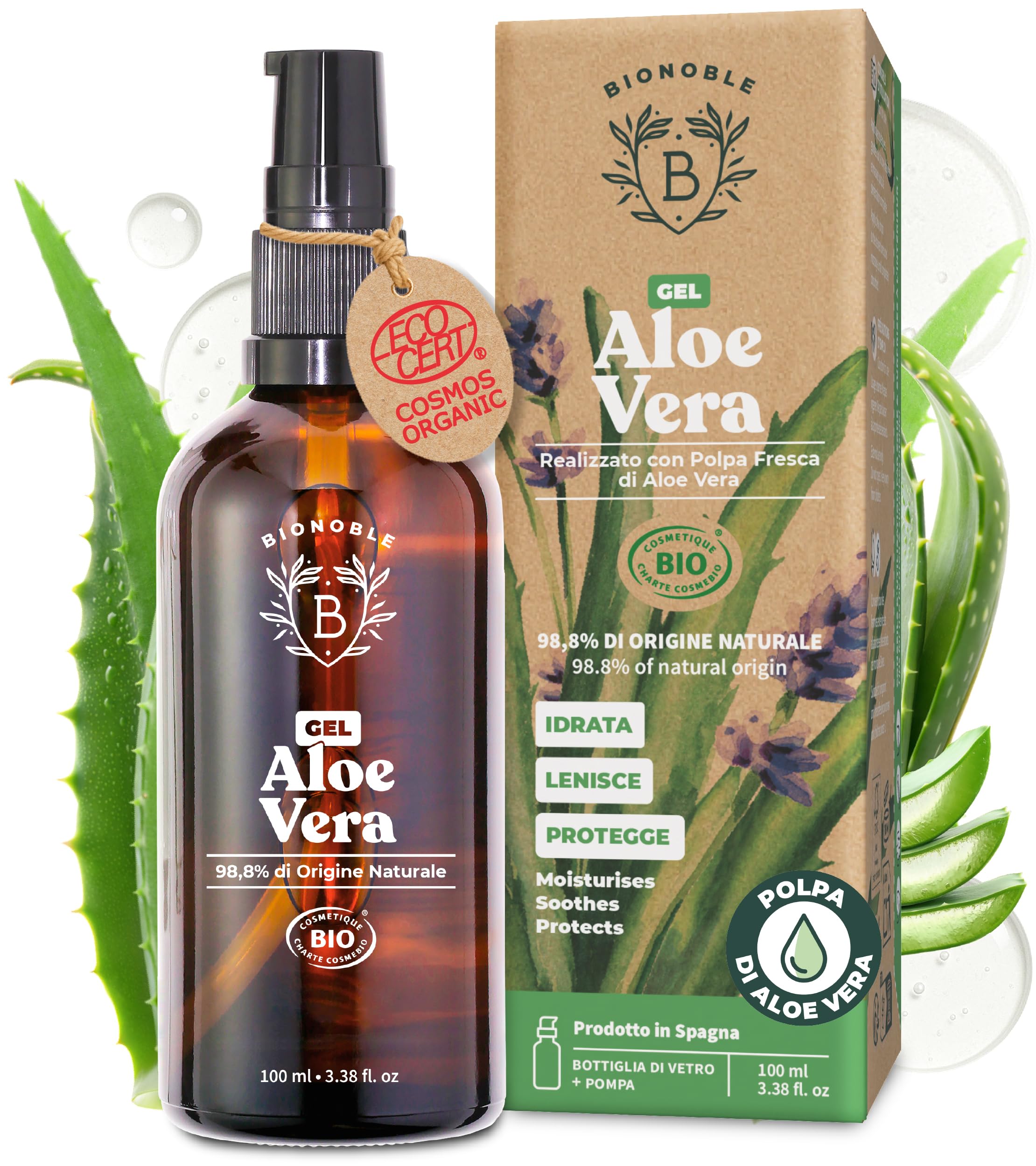 BIONOBLE Gel Aloe Vera Puro Biologico 97% con Olio Essenziale di Lavanda - Idrata e Lenisce - Aloe Vera Gel Puro per Capelli, Crema Pura Viso, Acne, Corpo, Doposole - Bottiglia di Vetro, Pompa - 100ml