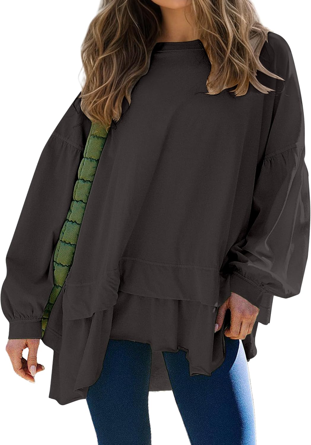 Ythomm Womens Layered Ruffle Hem Sweatshirt Oversized Scoop Neck Long Sleeve Drop Shoulder Pullover Tiered Peplum Tops