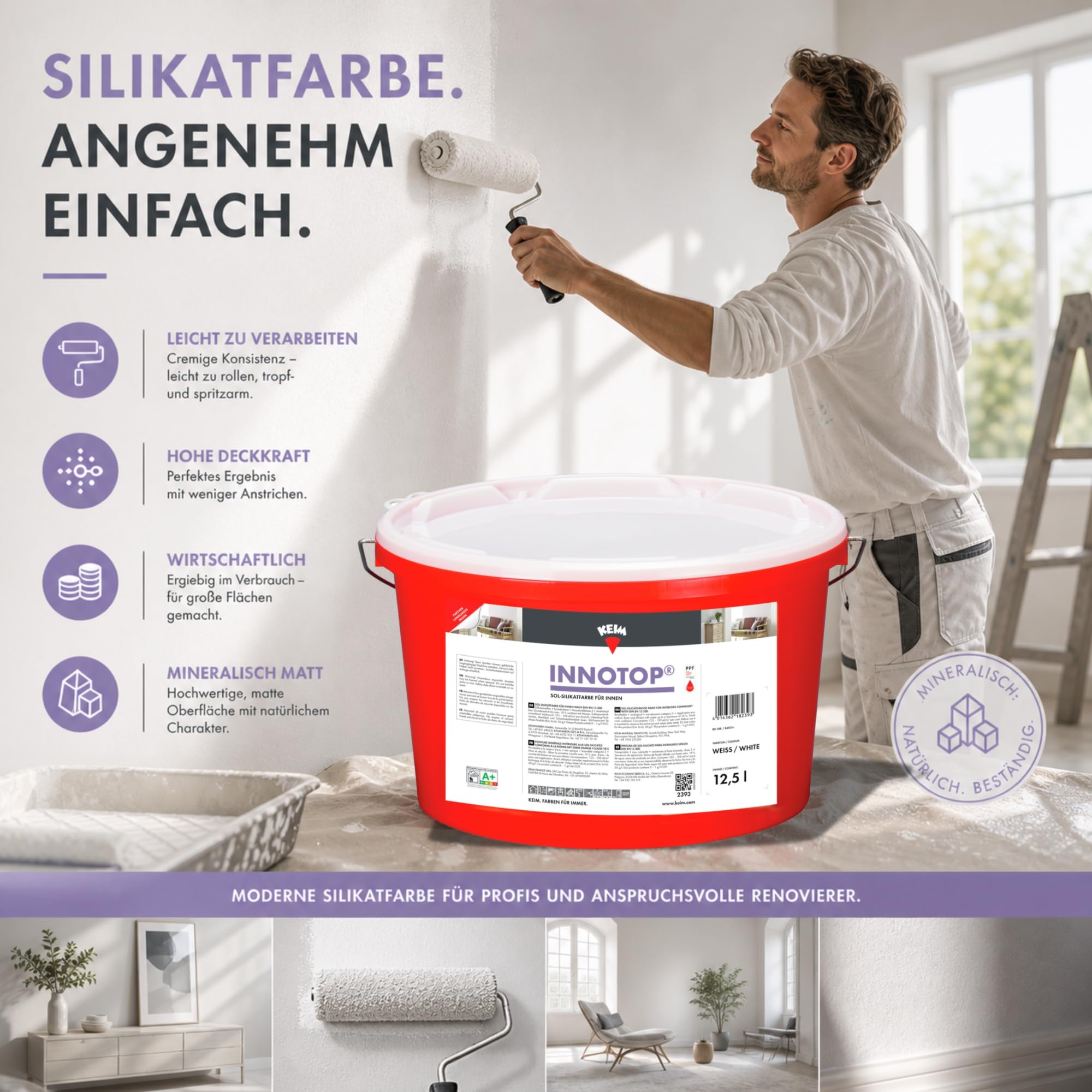 Keim Innotop 12,5L – Sol-Silikatfarbe für innen inkl. Rollsieb, diffusionsoffene Wand- & Deckenfarbe, mineralisch matte Innenfarbe für Neu- & Renovierungsanstriche