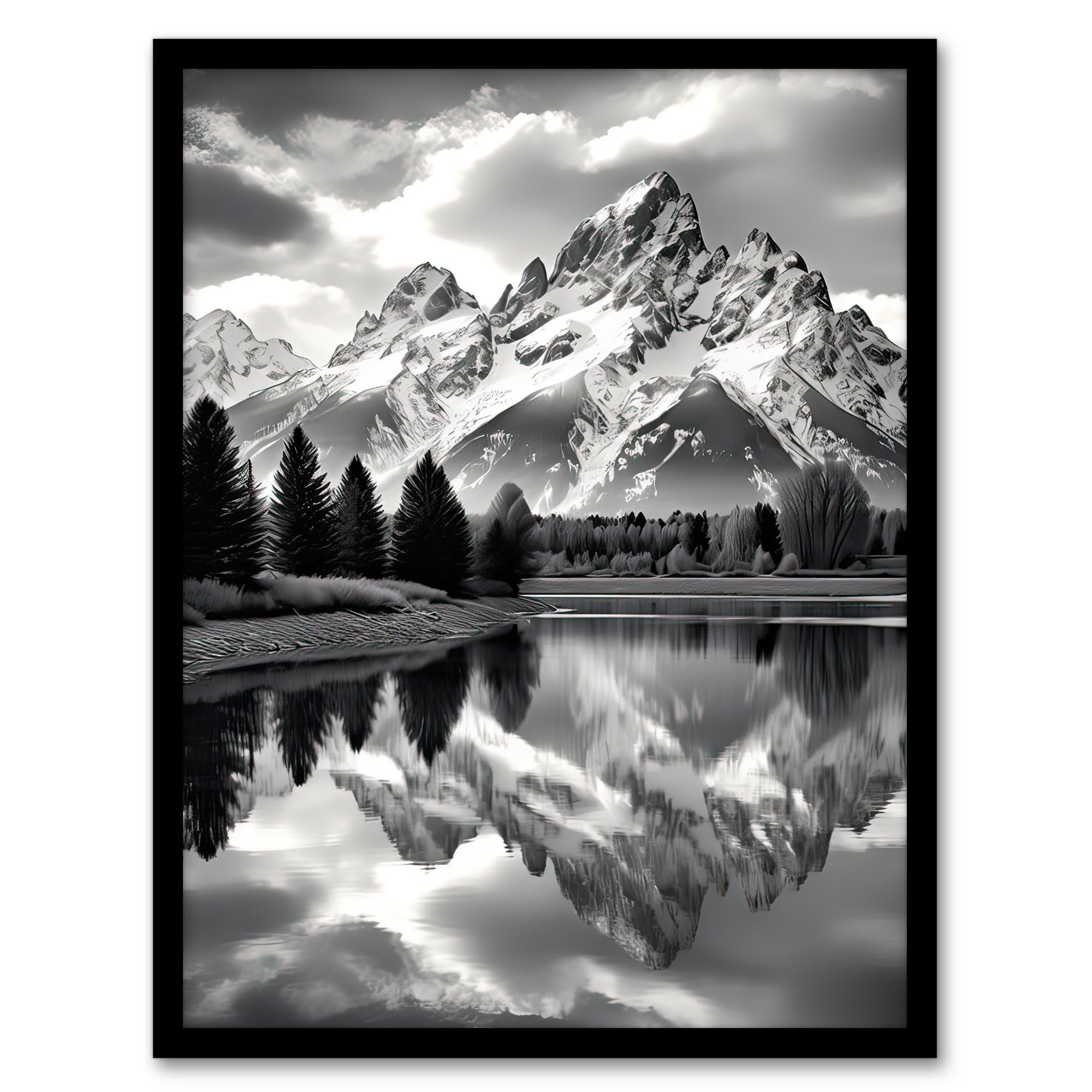 Artery8 Grand Teton Reflected in Snake River Black and White Artwork Framed Wall Art Print A4