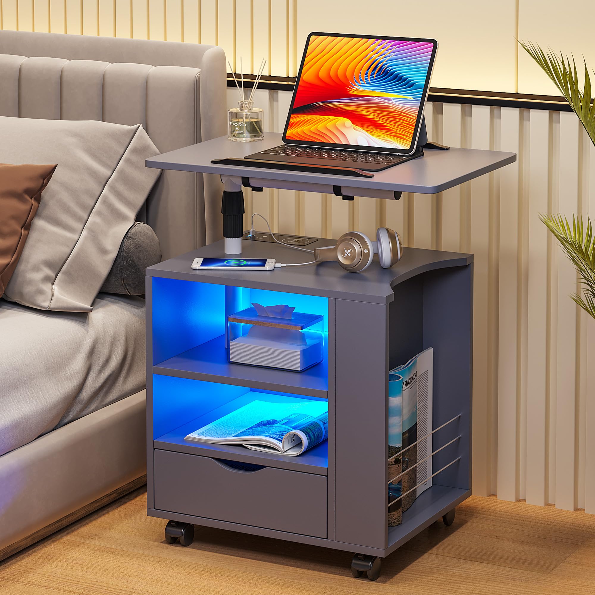 HNEBC LED Nightstand with Wireless Charging Station,Grey Nightstand Has Adjustable Rotary Table,Bedside Tables with One Drawer and 2 Mezzanines/Infrared Induction 3 Color Lighting (On The Right)