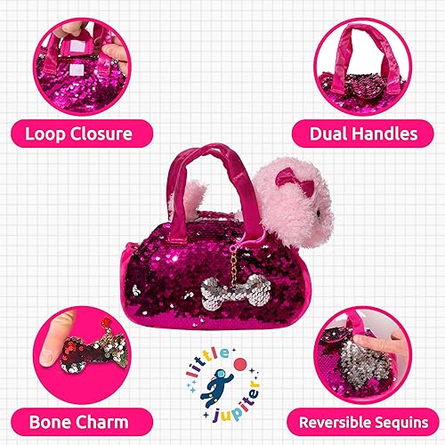 Miniatura 3 de Little Jupiter Juego de transportador de mascotas de felpa para perros con bolso con lentejuelas reversibles y dije  Cachorro de peluche Labradoodle