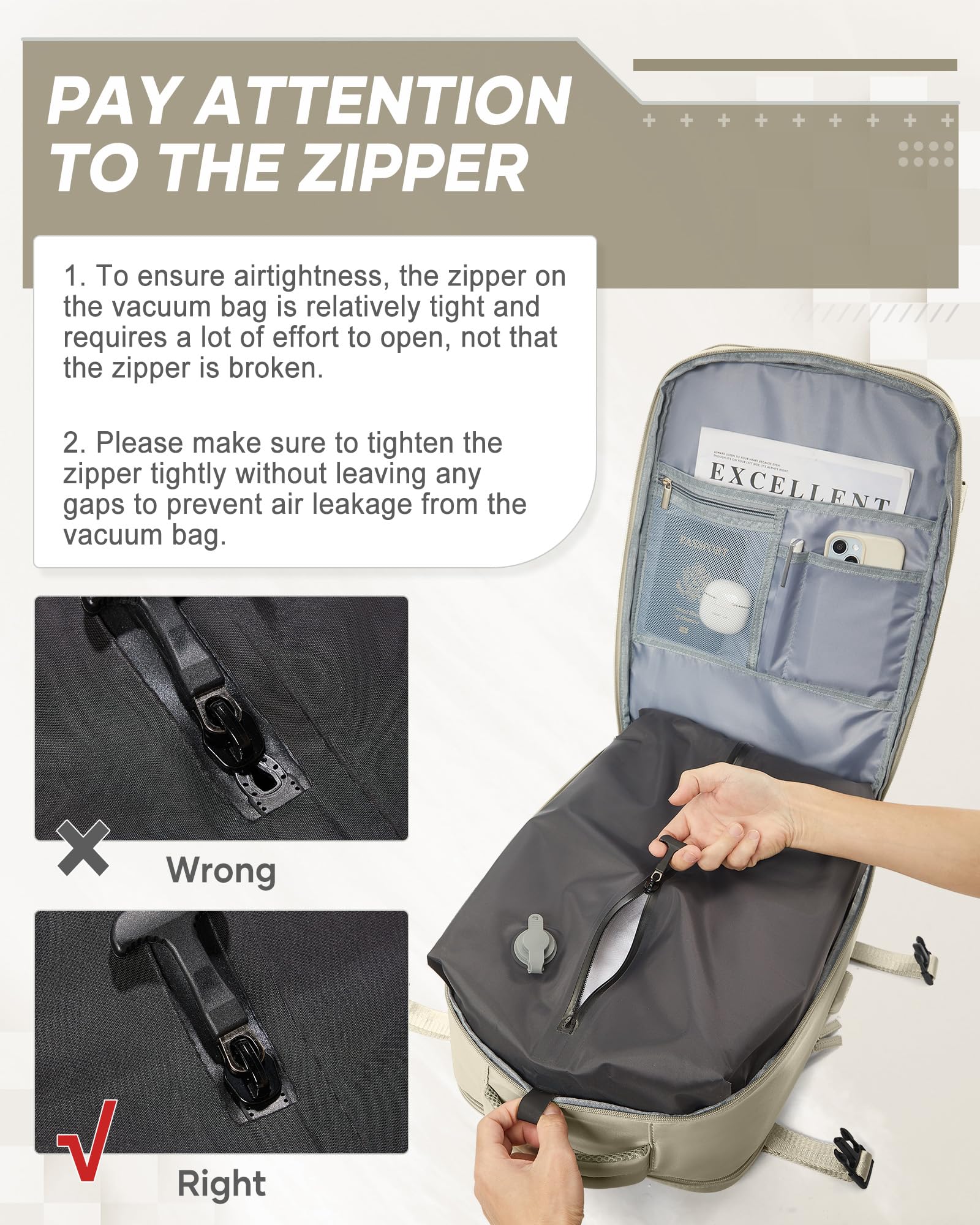 BJLFS Zaino da Viaggio con Sottovuoto 40x30x20 Bagaglio a mano 40x20x25 Ryanair con Pompa Borse da Cabina per Easyjet 45x36x20 con compressione sottovuoto,Zaino Casual per laptop da 14 pollici