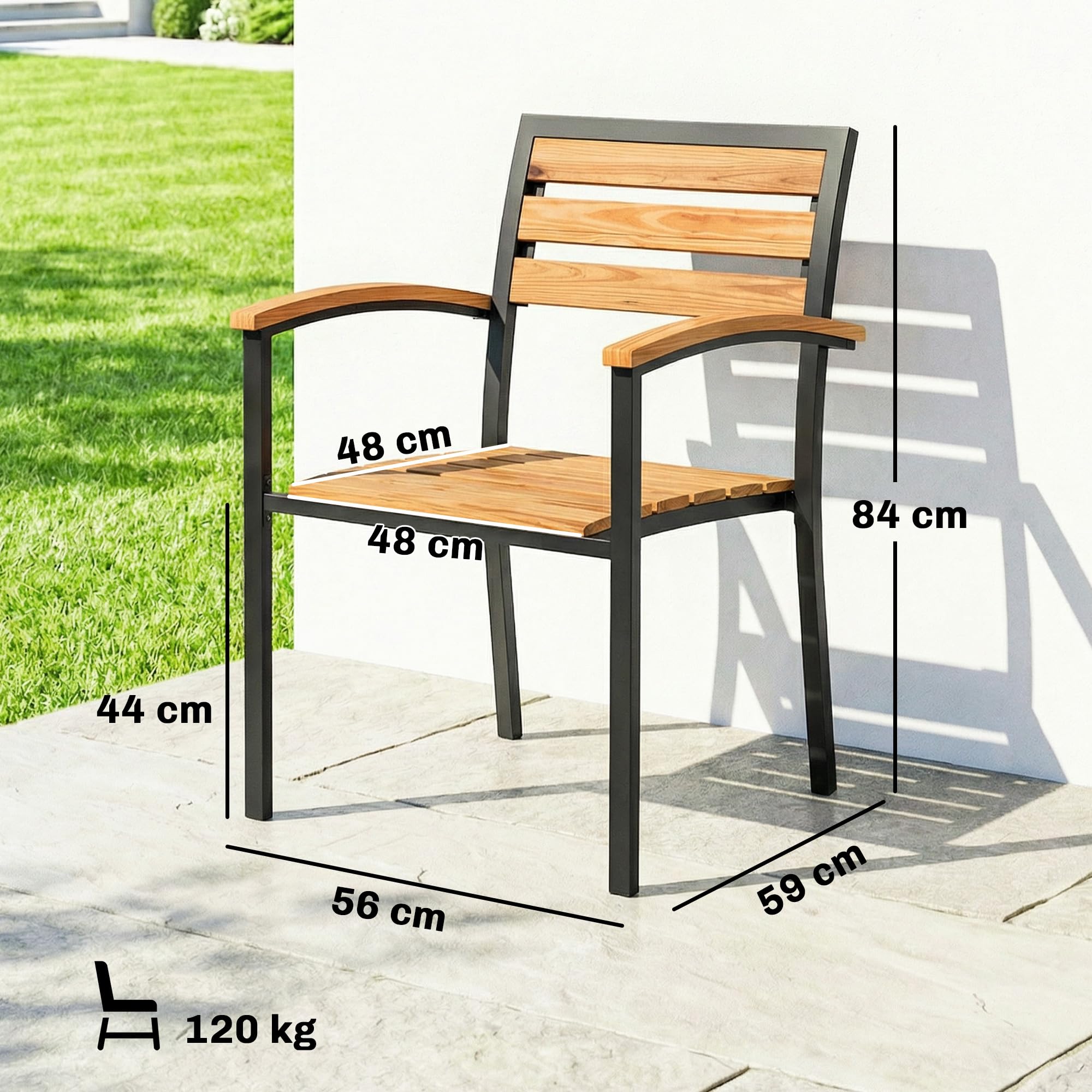Outsunny Set 2 Sedie da Giardino Impilabili in Legno di Larice, Sedie per Pranzo da Esterno in Acciaio con Braccioli, Schienale a Doghe, per Patio Balcone Terrazza Esterno, 56x59x84 cm, Color Legno
