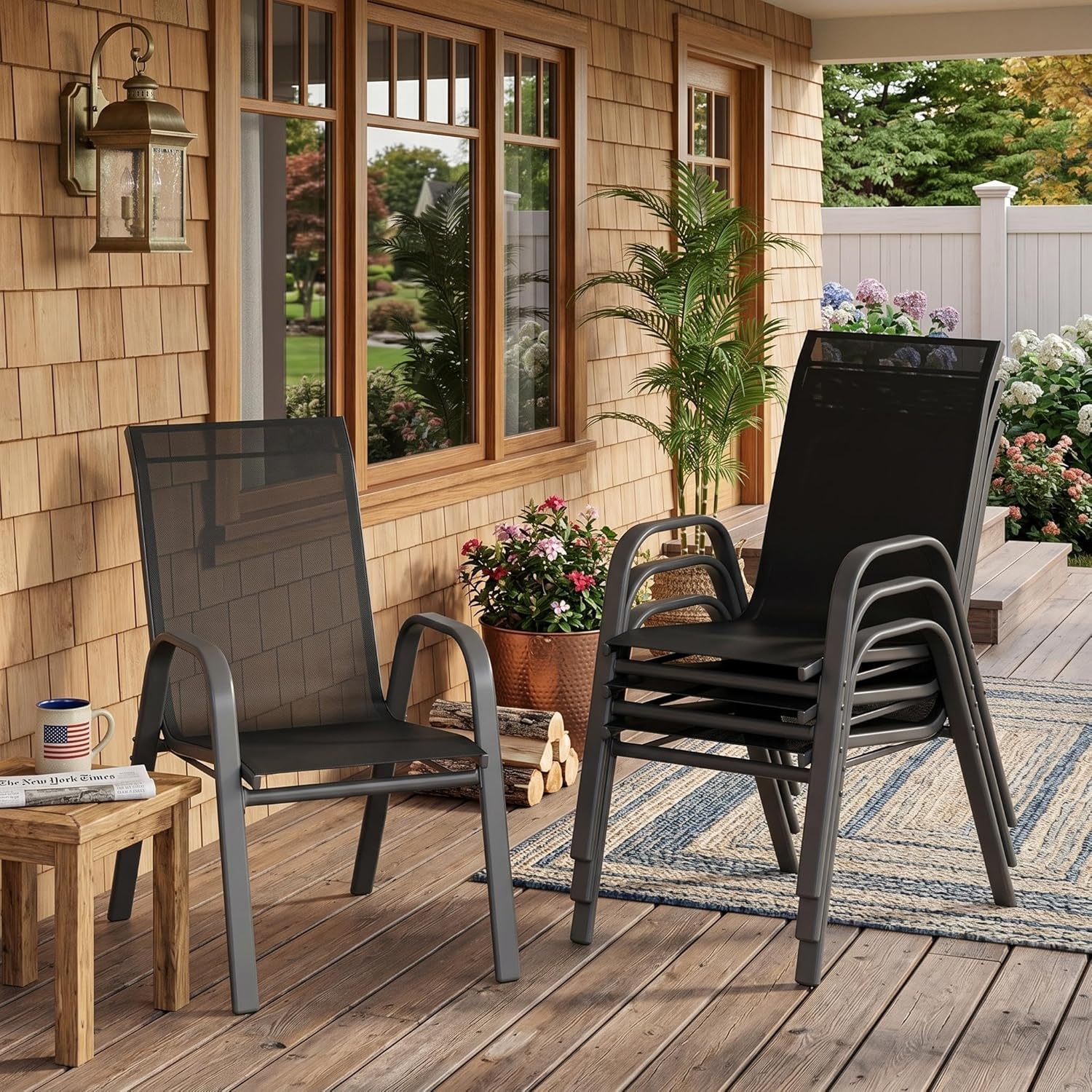 Gartenstühle 4er Set, Stapelbarer Gartenstuhl aus Textilene, Wetterbeständig und Schnelltrocknend, Terrassenstuhl Gartensessel bis 150 kg Belastbar für Garten Balkon Terrasse Outdoor