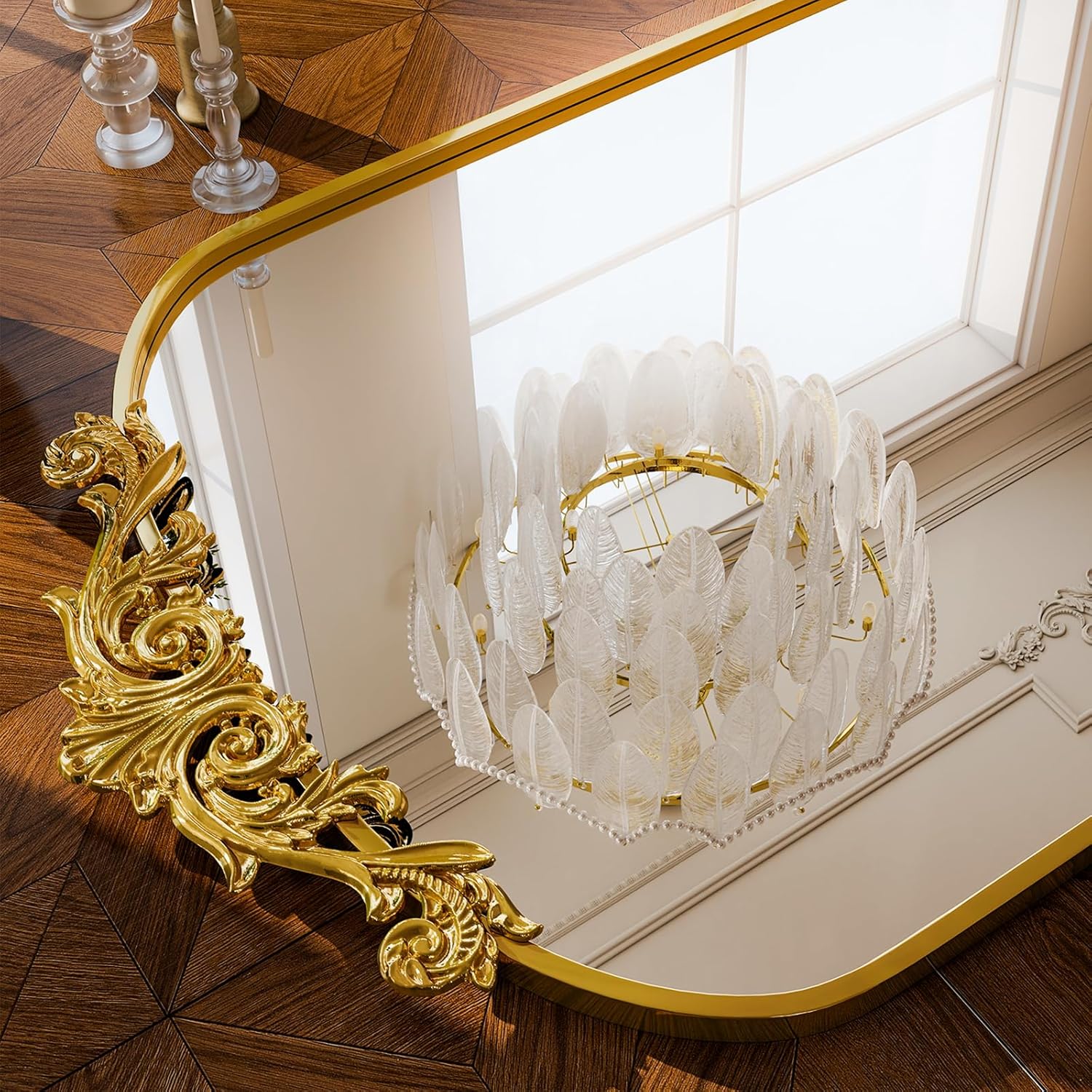 GLSLAND Oversized Vintage Mirror - 72"x 44" Full Length Mirror Large Carved Arched Mirrors with Metal Frame Baroque Full Body for Bathroom/Living Room/Entryway,Gold - Image 3