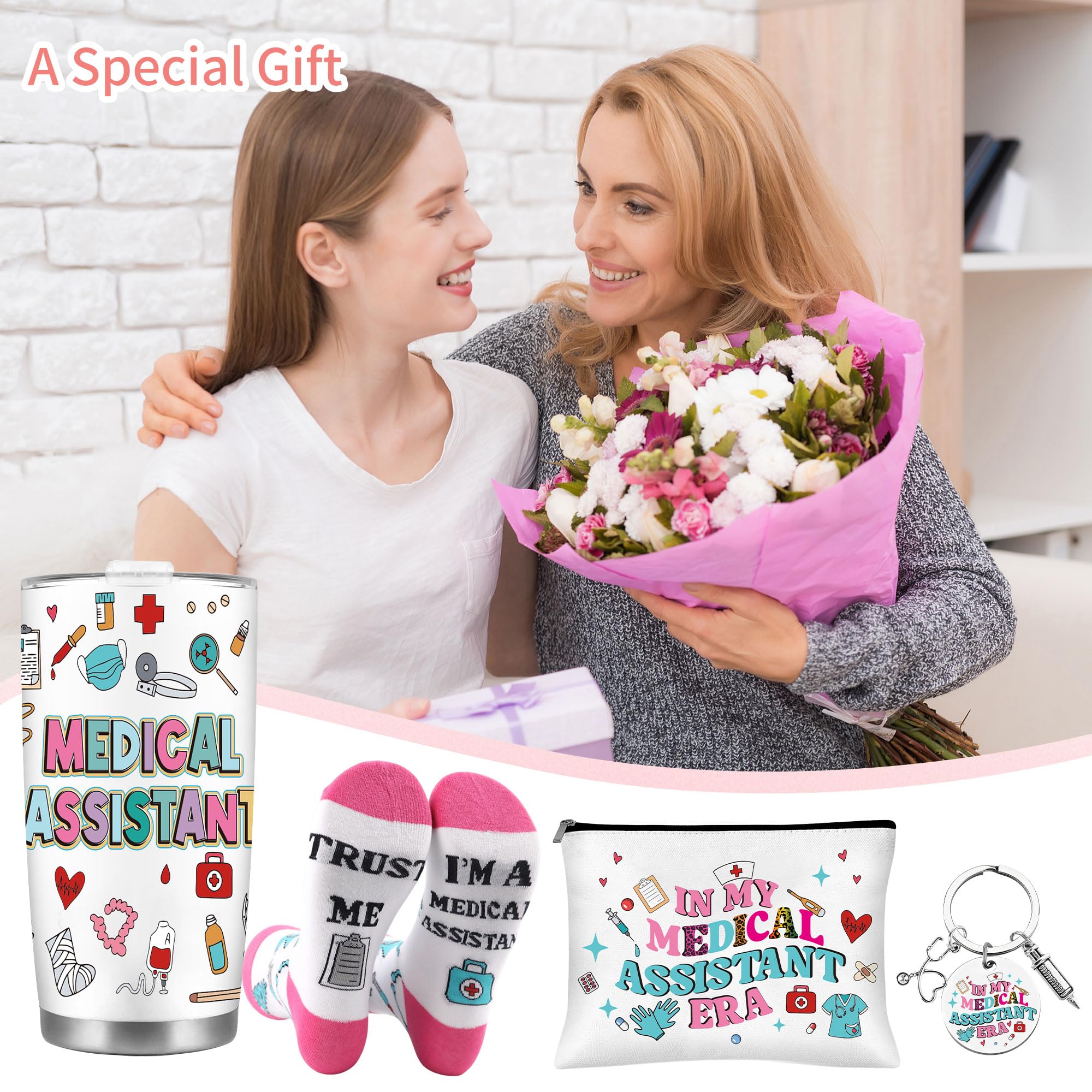 CRASHOT Medical Assistant Gifts for Women, Complete MA Gift Set with 20 oz Travel Tumbler, Makeup Bag, Socks and Professional Keychain, Healthcare Appreciation Surprise