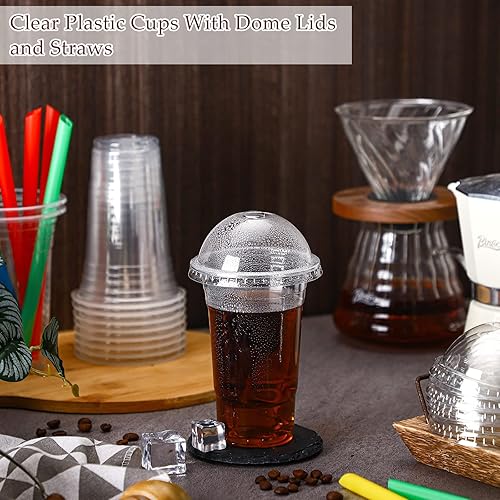 Miniatura 3 de Lallisa Juego de 100 vasos de plástico transparente con tapas de cúpula y pajitas coloridas, vasos desechables de plástico PET transparente para