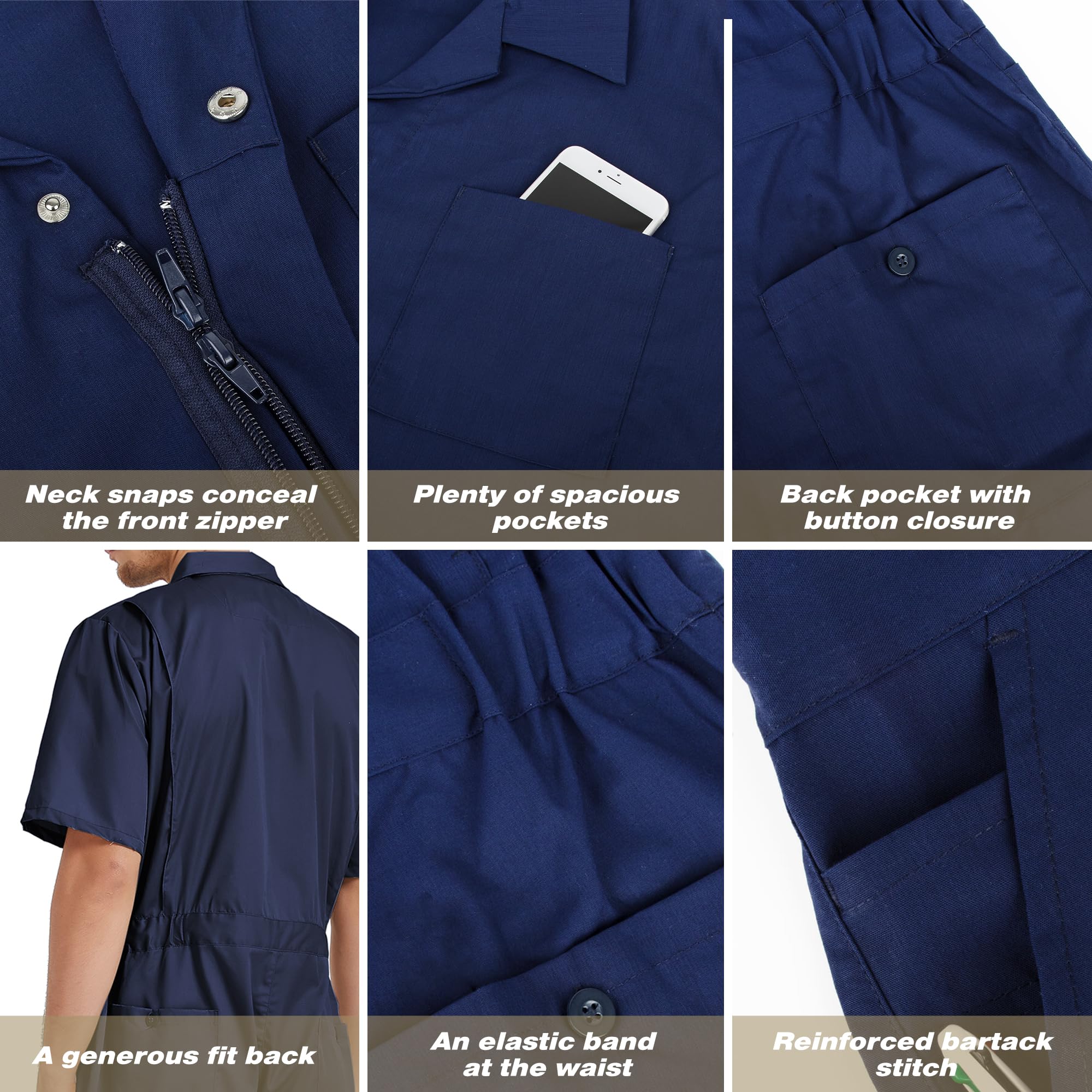 TOPTIE Mono de Trabajo Hombre de Manga Corta, Overol Uniforme Ligero y Transpirable con Cremallera Frontal y Cintura Elástica