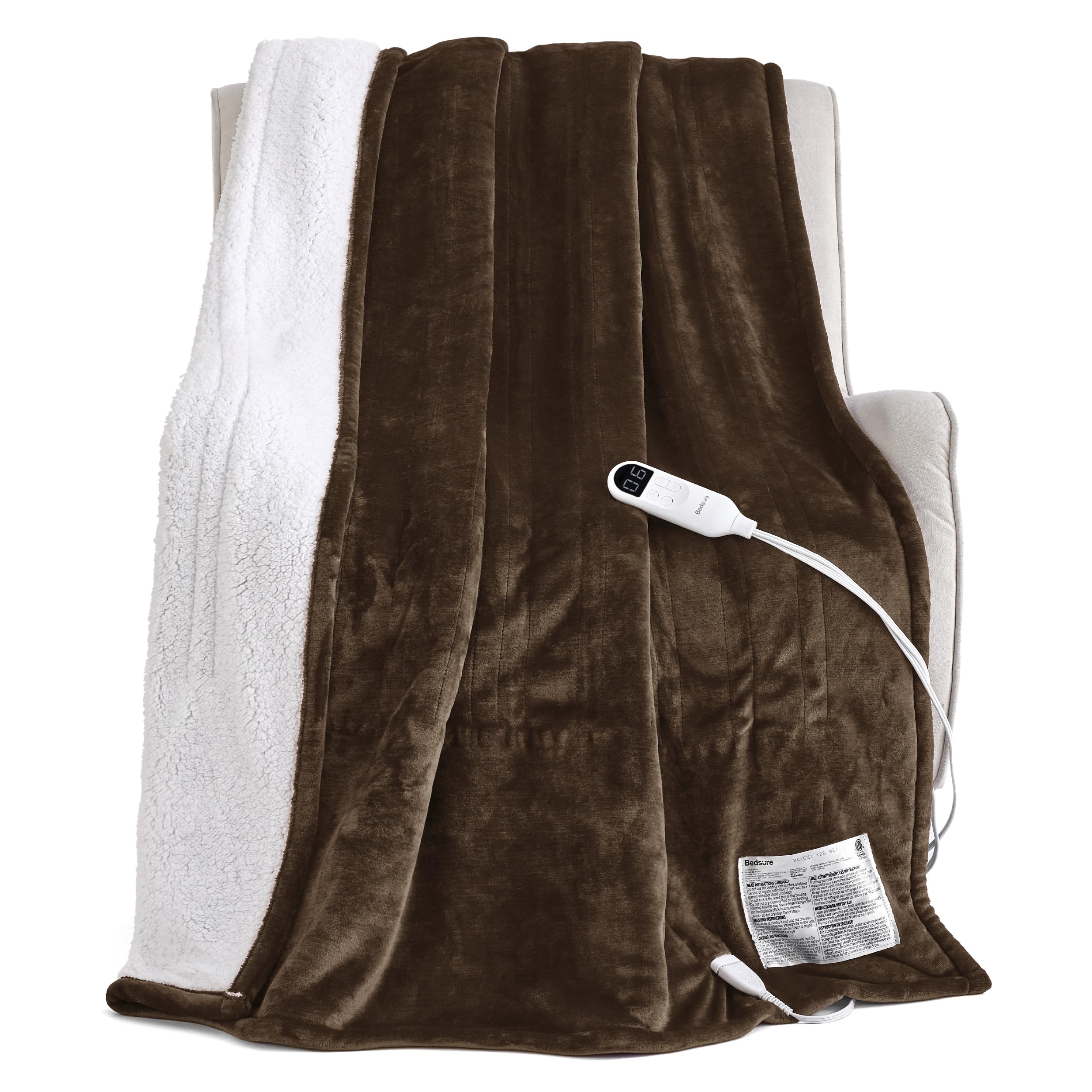 Bedsure Heated Blanket Throw XL, Soft Electric Blanket with Preheat, Brown
