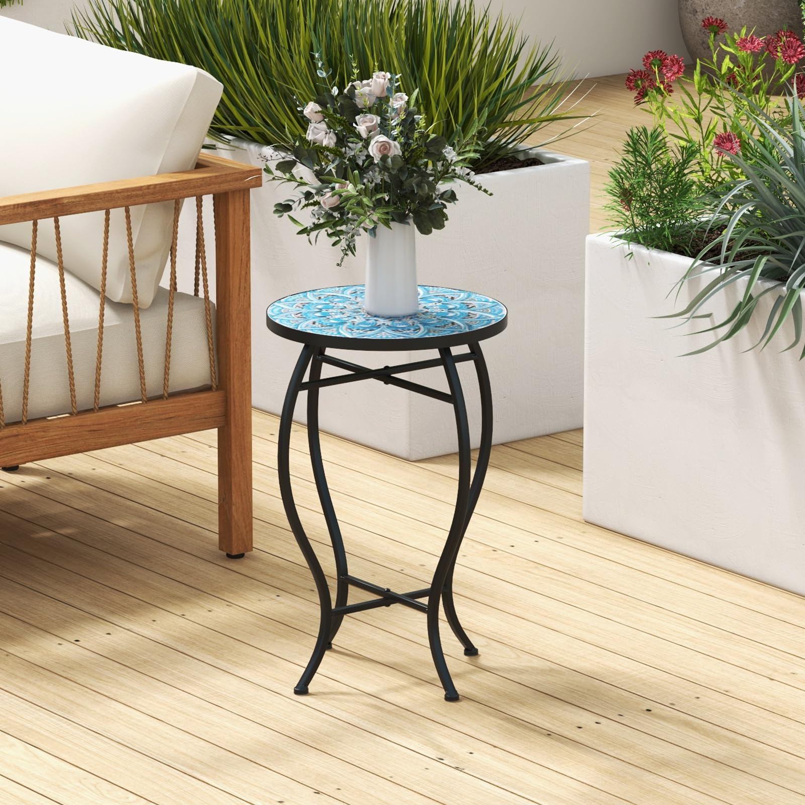 GOPLUS Mesa auxiliar de mosaico, mesa auxiliar redonda con bandeja de baldosas y marco de metal resistente, soporte para plantas, apto para balcón, terraza, jardín, 30 x 30 x 50 cm (azul+negro)