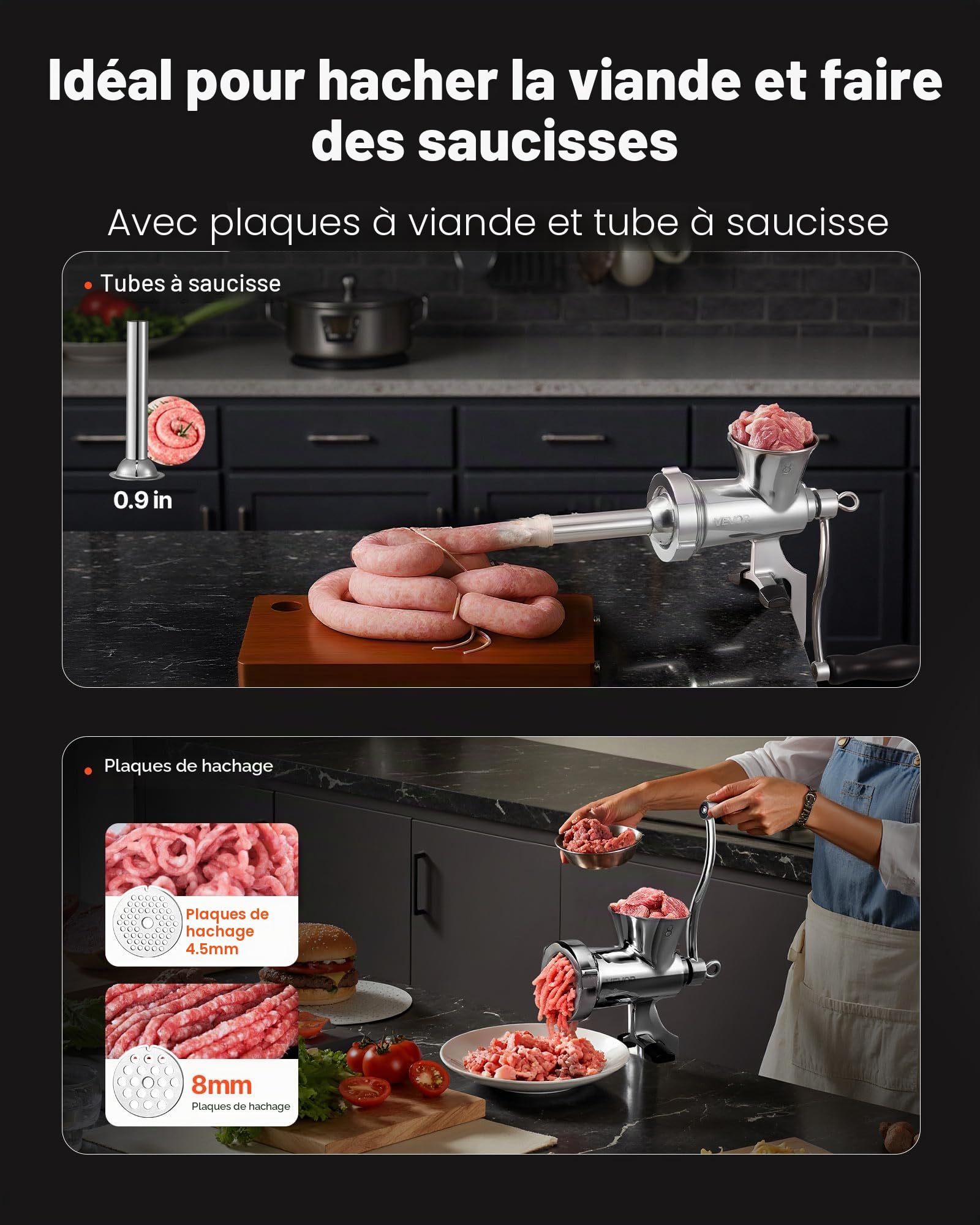 VEVOR Hachoir à Viande Manuel en Inox 304, Hachoir Manuel à Manivelle avec Serre-joint de Table, Poussoir à Saucisses avec 2 Plaques de Broyage et Tube à Saucisses, pour Bœuf Chili Porc, Boucherie