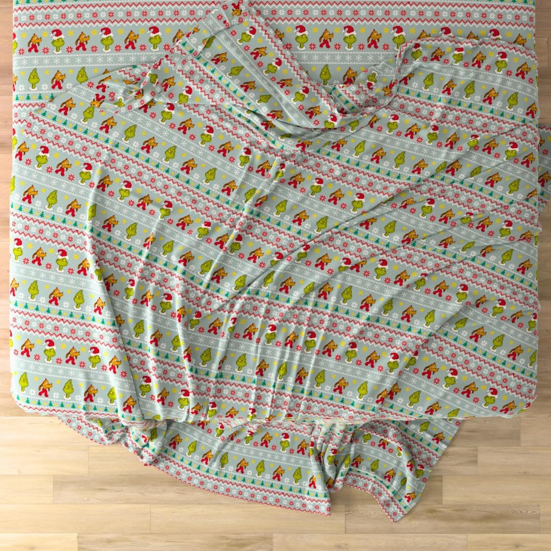 Grinch by Dr. Seuss Holiday & Christmas Bedding Super Soft 100% Cotton Flannel Sheet Set, Queen, (Officially Licensed Product) By Franco