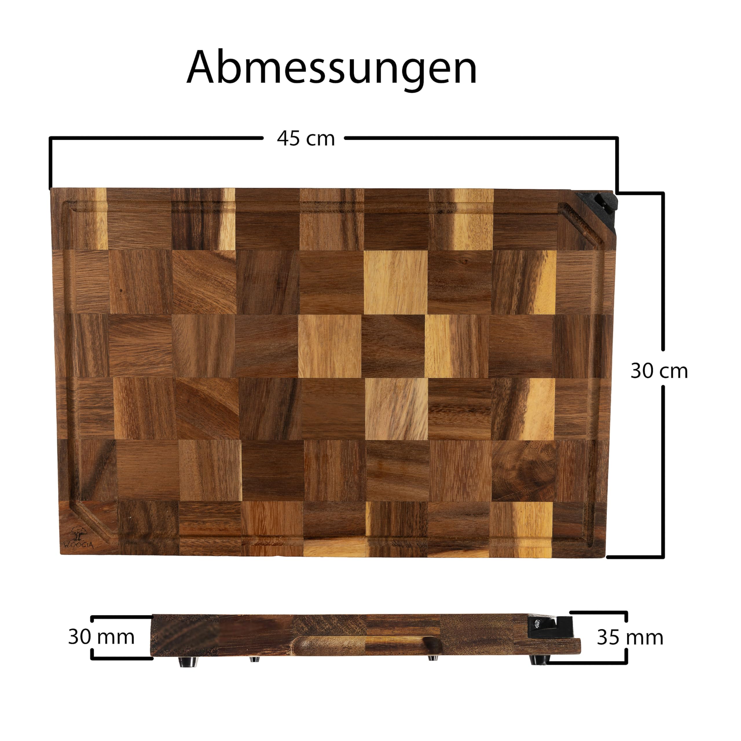 Holzschneidebrett aus massiver Akazie mit integriertem Messerschärfer (45x30x3cm) - Schneidebrett Holz mit einzigartiger Optik durch Stirnholz - Schneidebrett mit durchgehender Saftrille