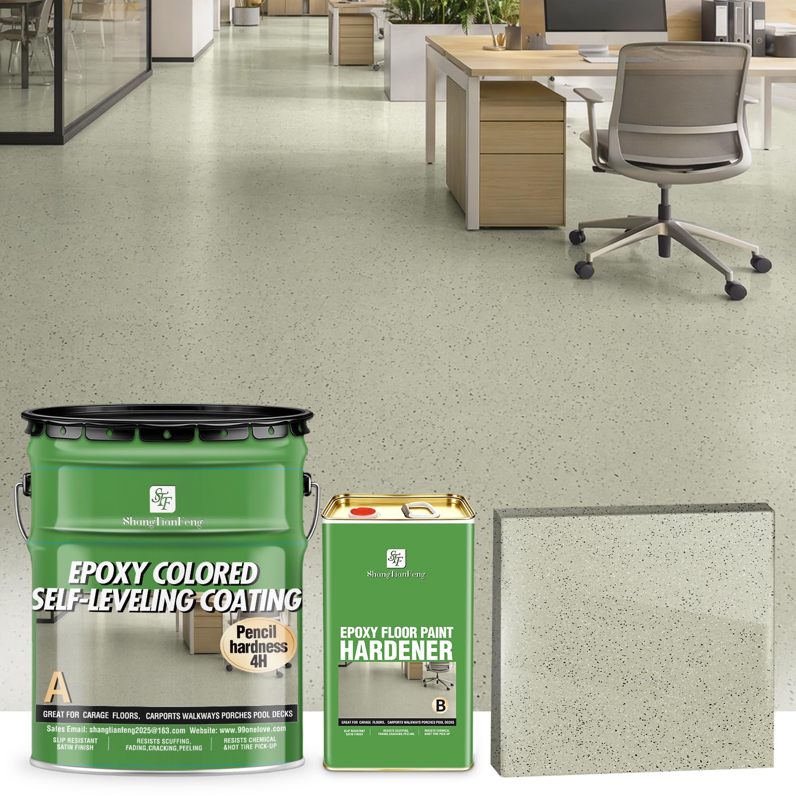 4 Gallon Epoxy Colored Sand Self‑Leveling Floor Paint, Marble‑Effect, 100% High Solids, 5.5:1 Sand‑Aggregate Ratio, 6H Hardness,1.5mm Finished Thickness (Ice Gray,100 Sq.Ft)