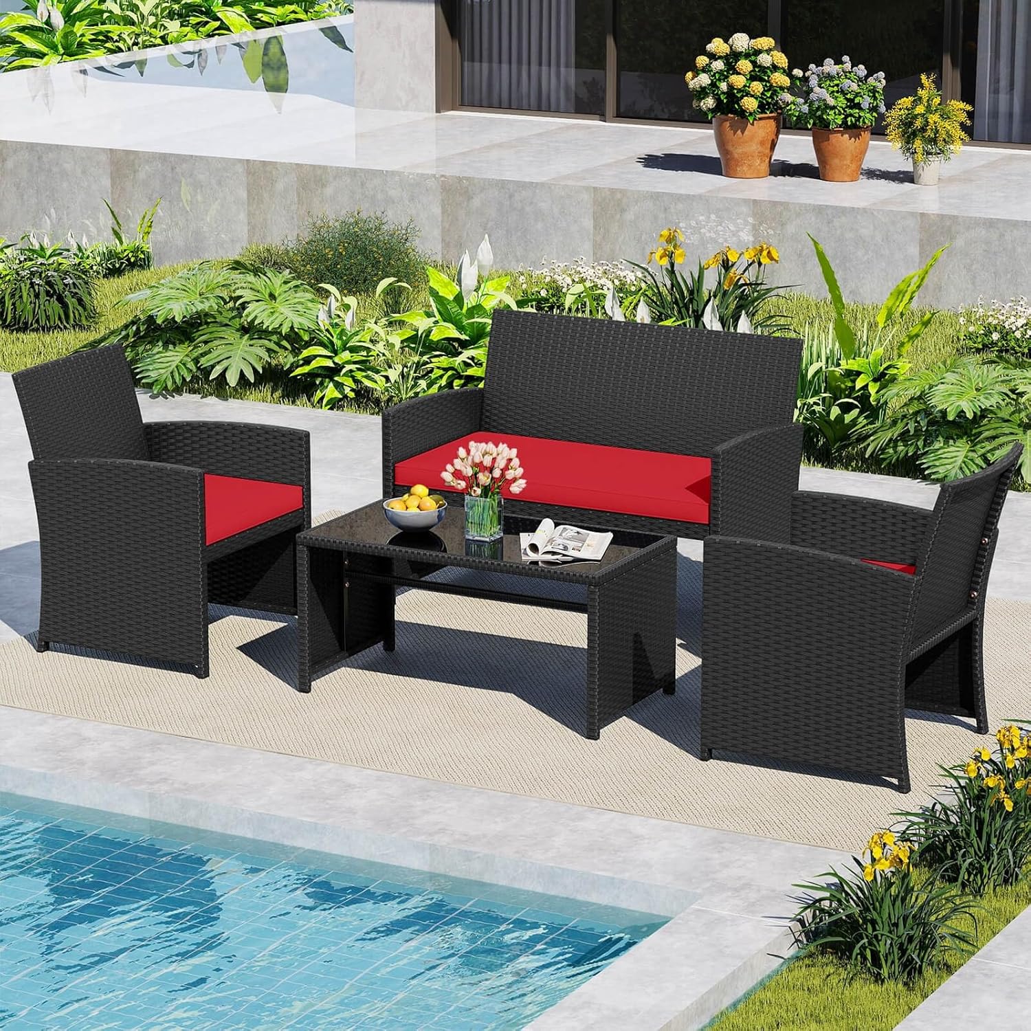 4 PCS Patio Conversation Set w/Seat Cushions & Tempered Glass Tabletop, Porch