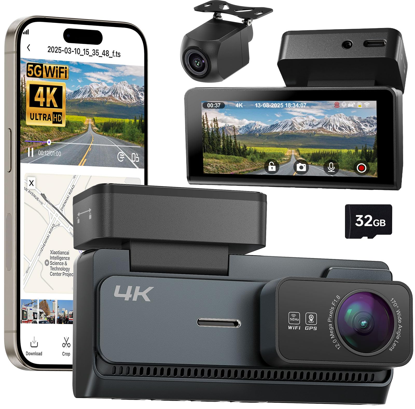 Yonvim 4K Dash Cam showing its main unit and rear camera, highlighting features like 4K+2K dual-channel, 170-degree wide angle, 3.39 inch screen, loop recording, built-in WiFi & APP, built-in G-sensor, parking monitoring, night vision, and GPS.