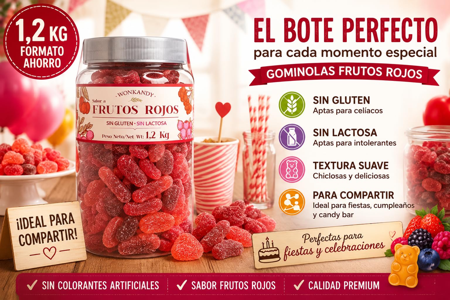 Wonkandy Żelki O Smaku Czerwonych Owoców 1,2 kg – Truskawka, Wiśnia, Winogrono – Miękkie Żelki Cukrowane – Bezglutenowe, Bez Laktozy – Idealne na Imprezy i Przyjęcia