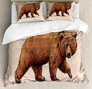 Ambesonne Bear Duvet Cover Set, Ink Drawing Style Wildlife Beast Carnivore Walking Zoology Nature Themed Art, Decorative 3 Piece Bedding Set with 2 Pillow Shams, Queen Size, Brown Rose
