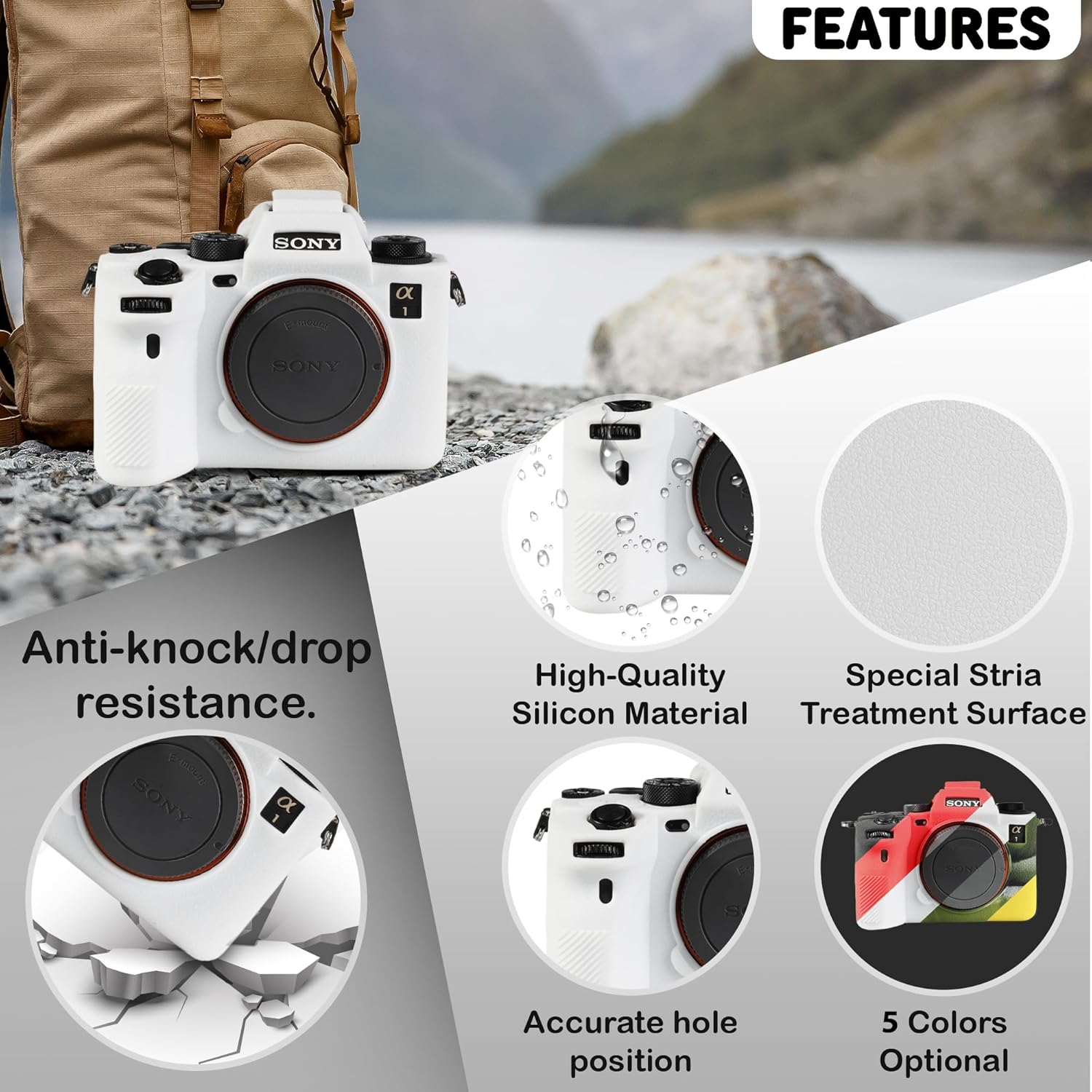 Camera Case for Sony A1 - Protective Silicone DSLR Skin Cover, Detachable Cage, Shockproof, Dustproof (White)
