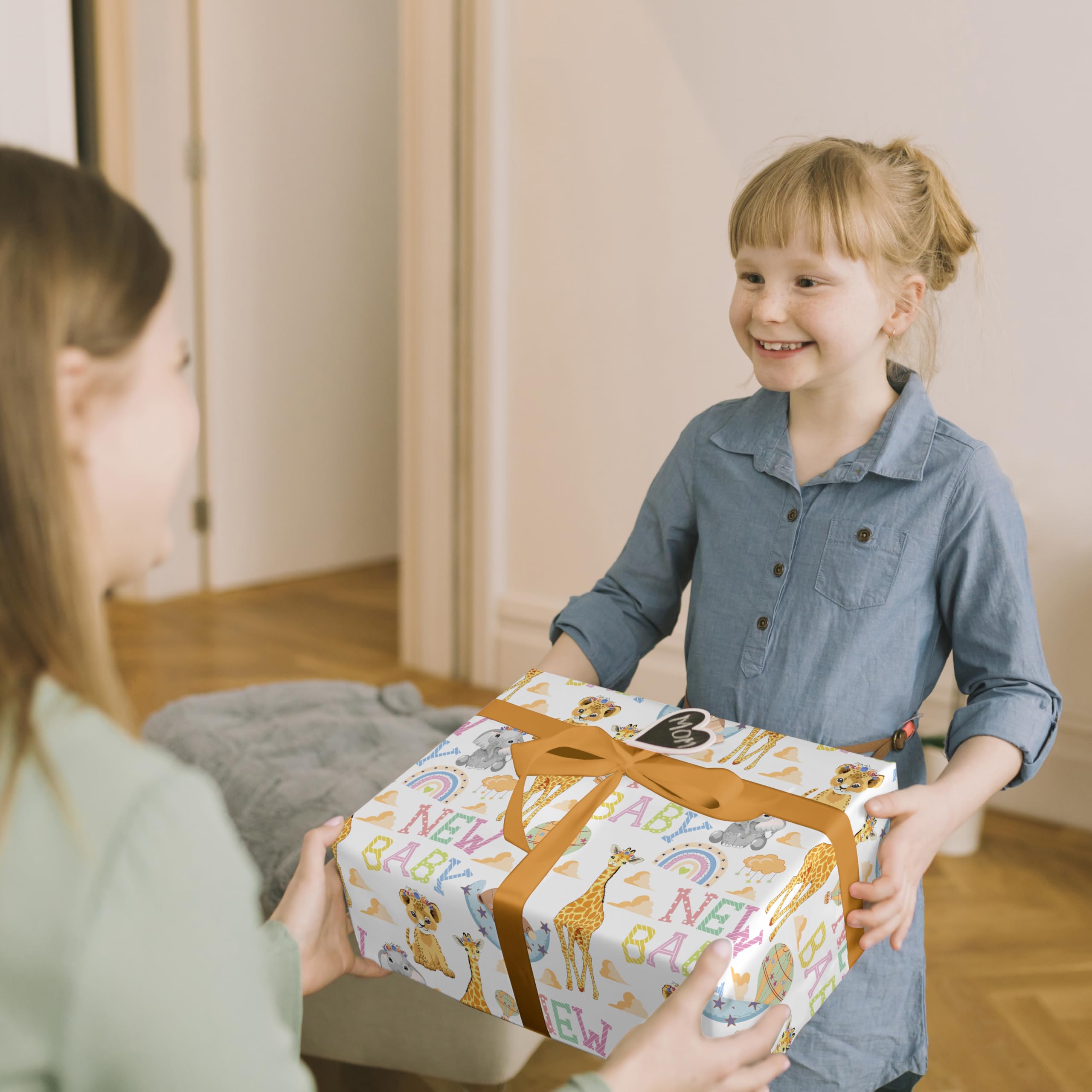 Altarho Papel de regalo reversible para baby shower para niños y niñas, 17 pulgadas x 33 pies, animales de jirafa león y nuevo diseño de bebé para baby shower, fiesta, cumpleaños, vacaciones