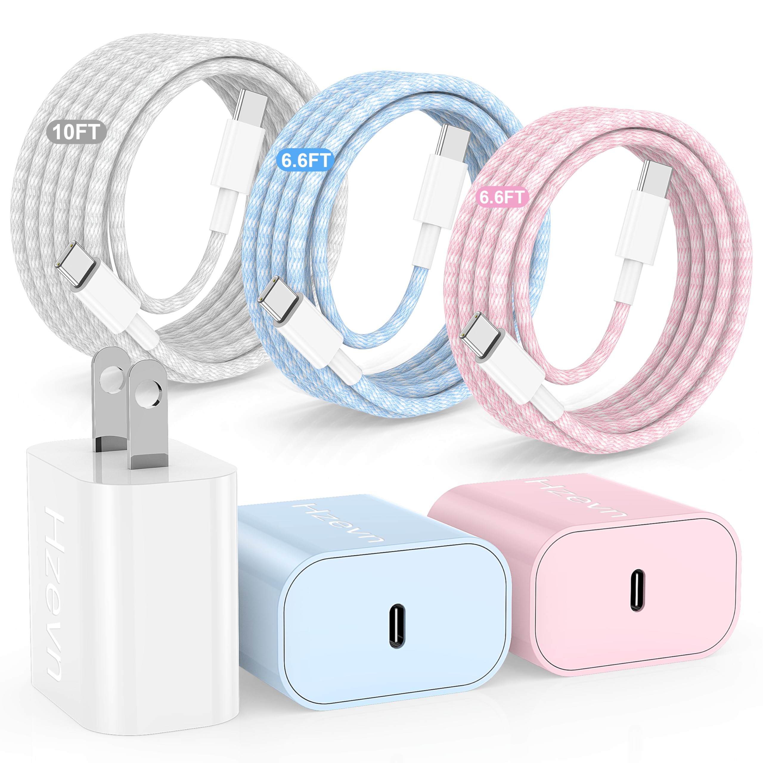 Hzevn for iPhone 15 Chargers Fast Charging,3 Pack 20W USB C Charger Block with 6.6/6.6/10ft Long USB C to USB C Cable for iPhone 16/15 Pro Max/15 Pro/15 Plus